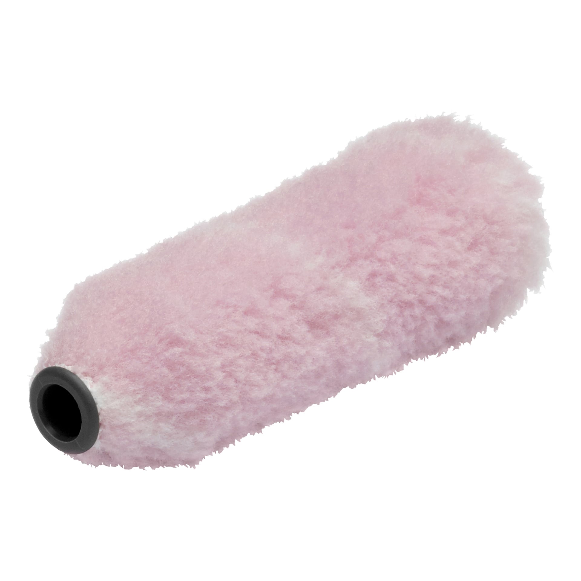 Ett rosa, cylindriskt Anza Roller Rimax-färgrullsskydd med fluffig yta och en ihålig svart plastkärna.