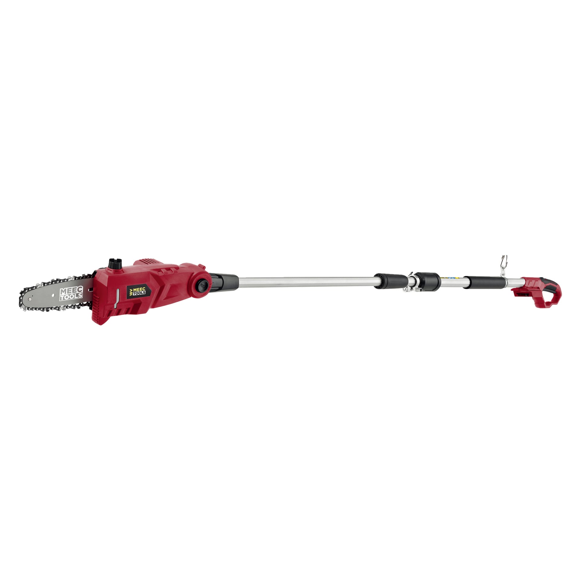 Meec Tools Multiseries SP-18V HOME 500 är en batteridriven beskärningssåg i rött och svart, designad med ett teleskopiskt metallhandtag, ett elmotorhus och ett kompakt motorsågsblad monterat i spetsen.