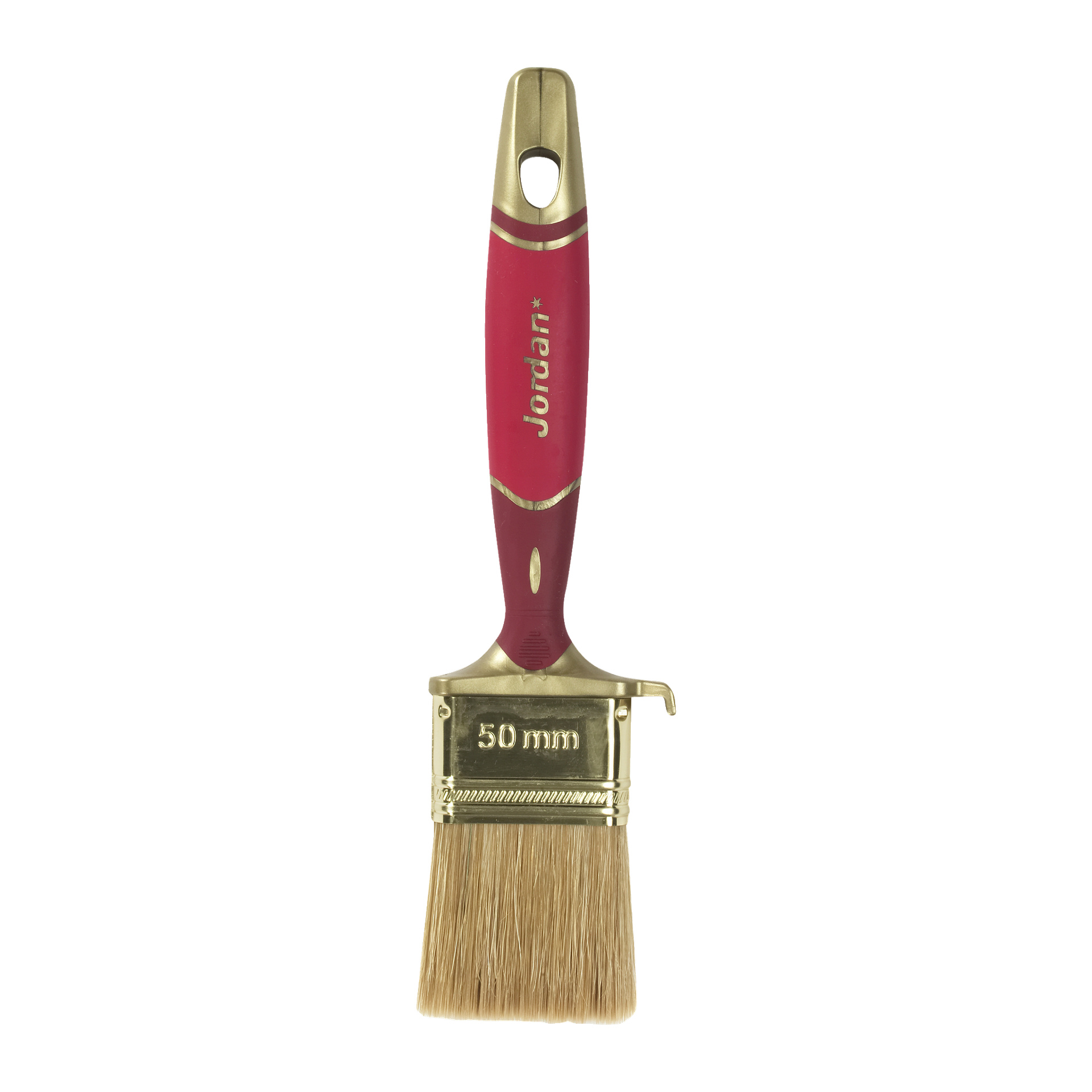 En Brush Perfect Flat Inne fra Jordan, med et rødt og gullfarget håndtak merket med Jordan, en metallring med 50 mm, lyse beige buster, og en liten festet metallkrok.