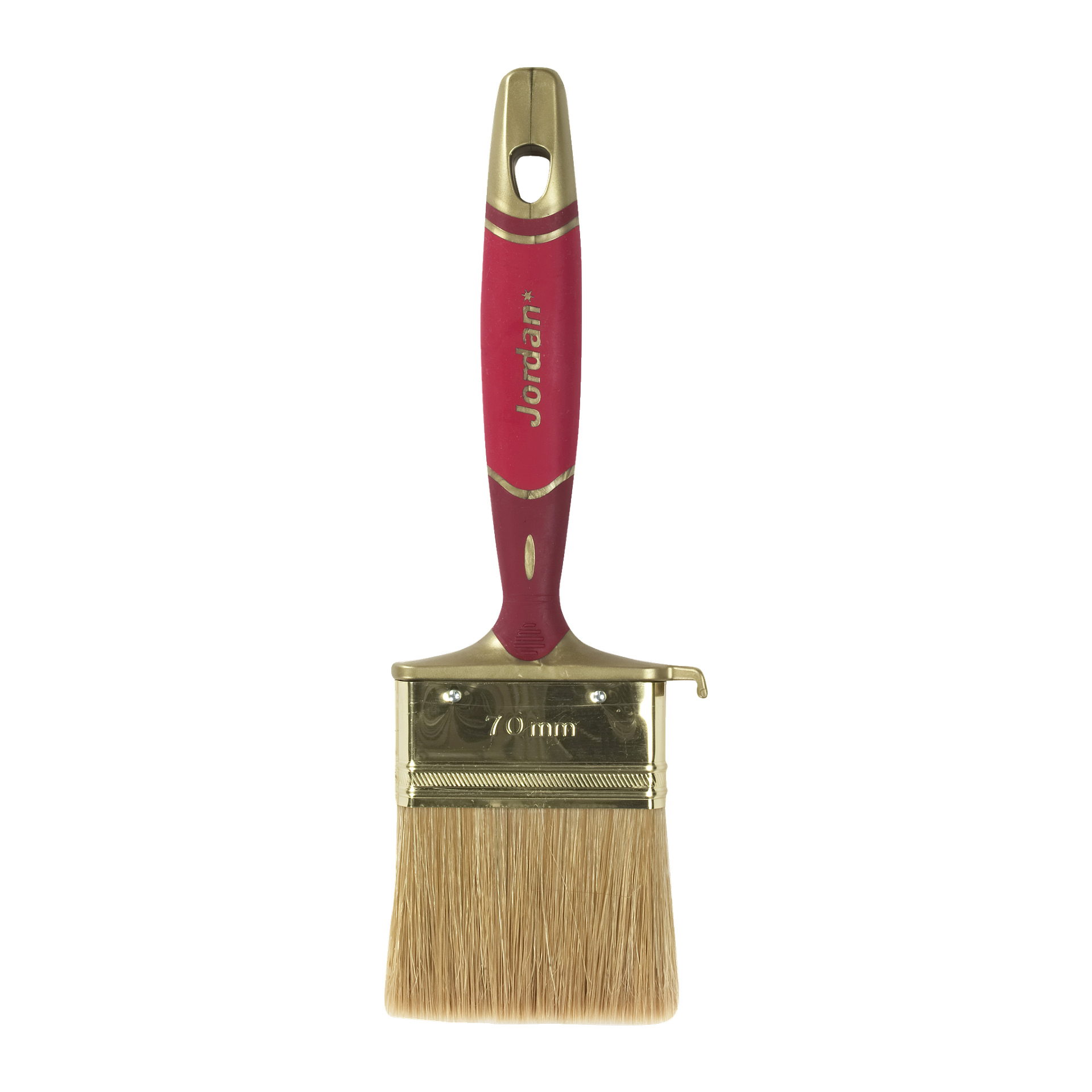 En Jordan Brush Perfect Flat Inne malerpensel med rødt og gull håndtak som viser merkenavnet "Jordan", utstyrt med en 70 mm metallring og lyse rektangulære bust.