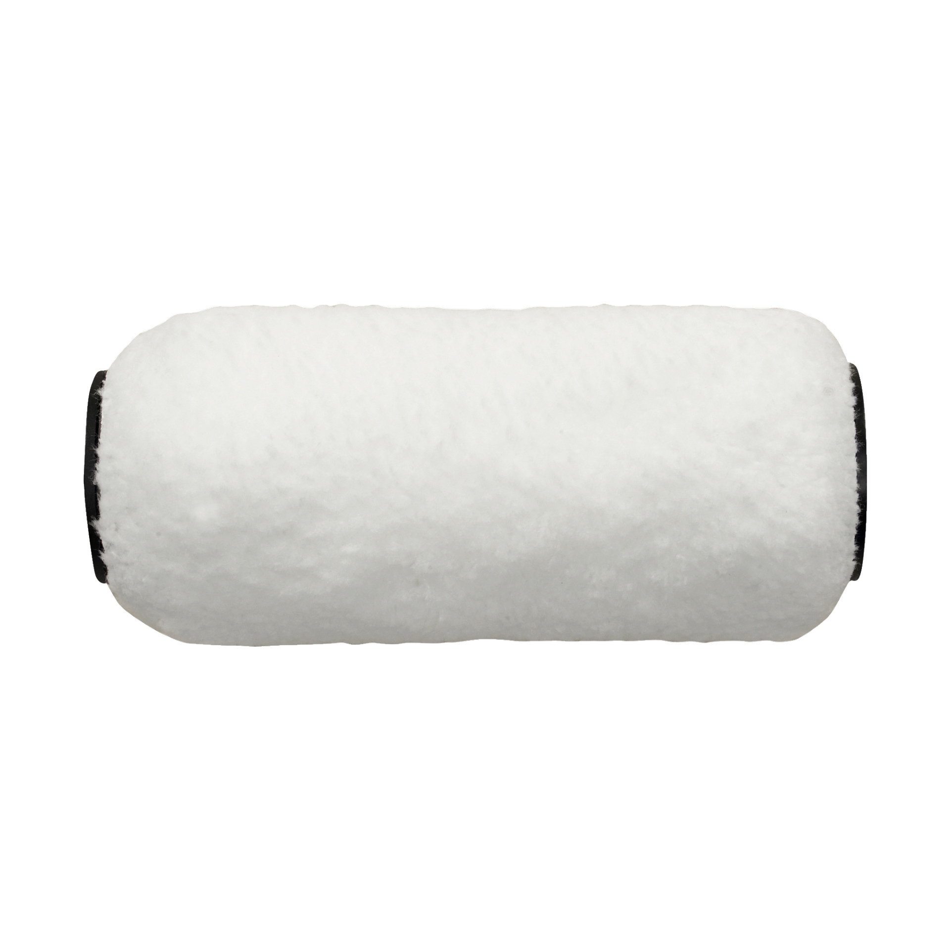 Et nærbilde av Jordan Mini-roller Ultimate viser en fluffy hvit sylindrisk malingsrullepåfyll med svarte plastender plassert horisontalt. Denne refillen er ment for bruk med en kompatibel malerulleramme.