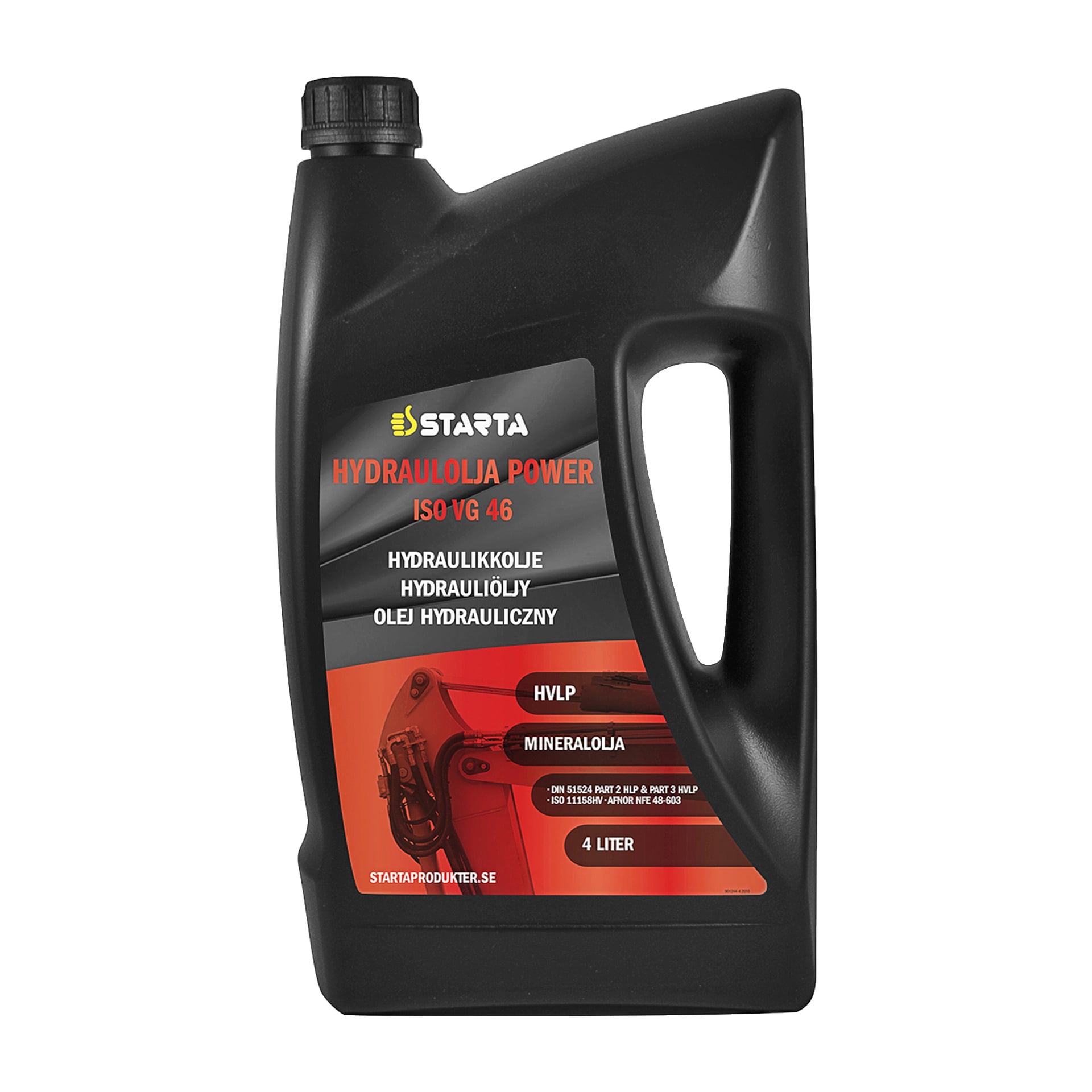 En 4-liters svart plastkanne med Starta Hydraulikkolje ISO VG 46 med rød og hvit merking og et frontbilde som viser hydraulisk maskineri på nært hold.