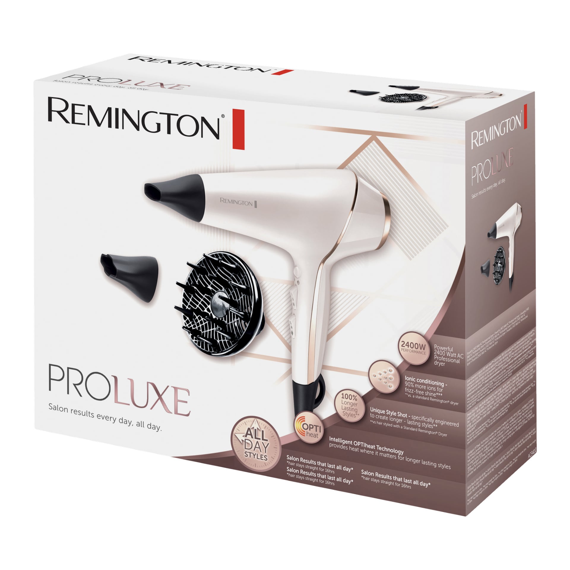 Lådan med Remington PROLUXE AC9140 hårtork, som visar enheten och dess tillbehör, tillsammans med framhävda funktioner som 2400W ström och OPTIheat-teknik för att uppnå styling av salongskvalitet.