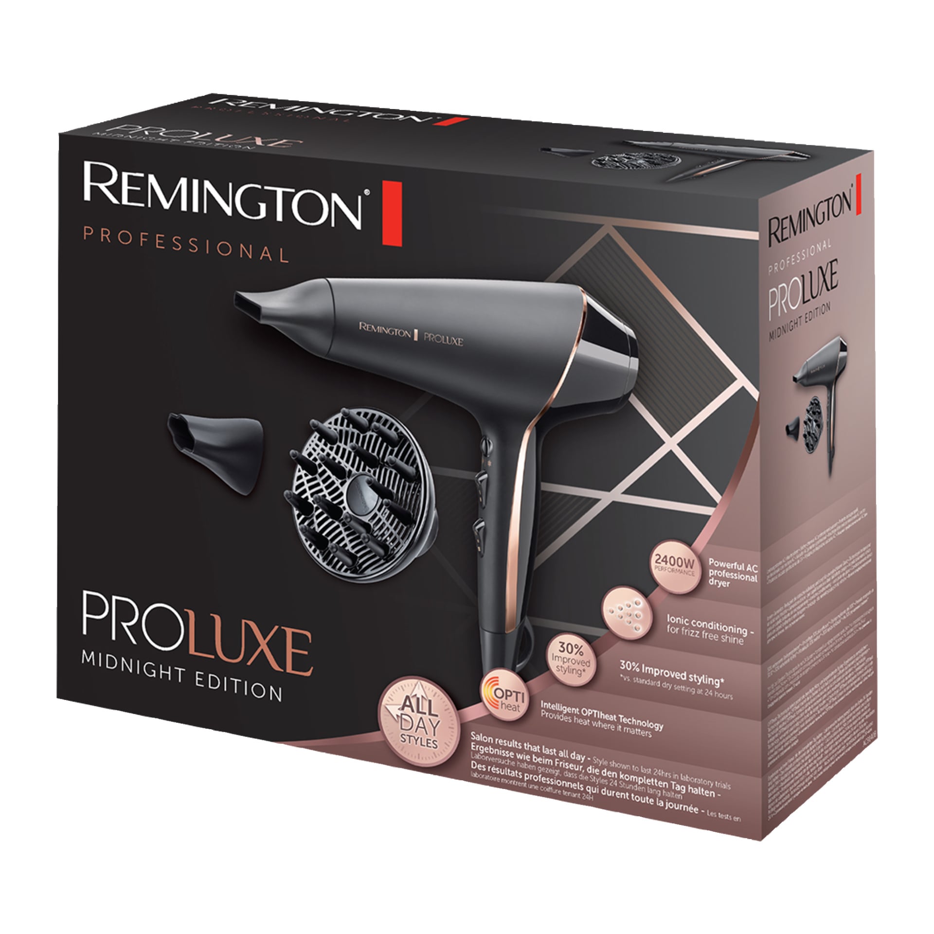 Remington PROLUXE AC9140 hårtork visas i sin förpackning tillsammans med en diffuser, med huvudfunktioner som 2400W ström, OPTIheat-teknik och anti-friss-fördelar som visas på förpackningen.