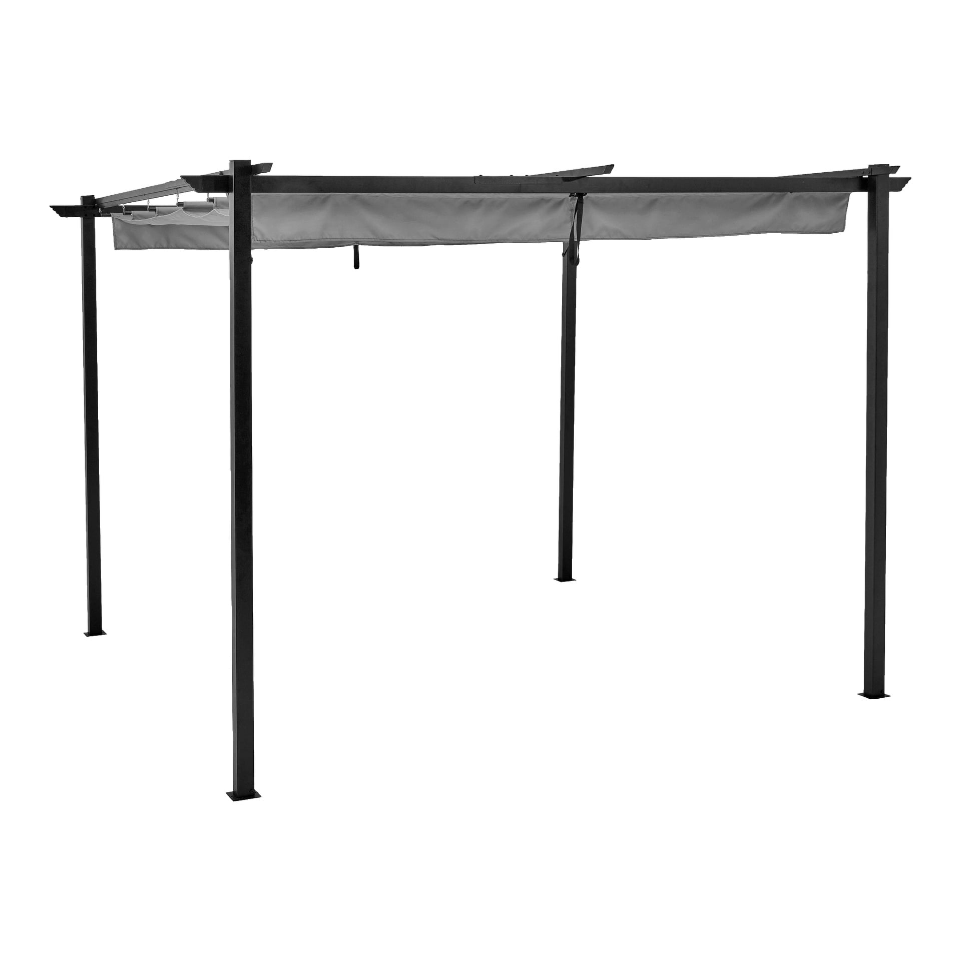 En EKVIP Pergola med en fristående struktur, stödd av fyra svarta metallben och krönt med en rektangulär grå baldakin.