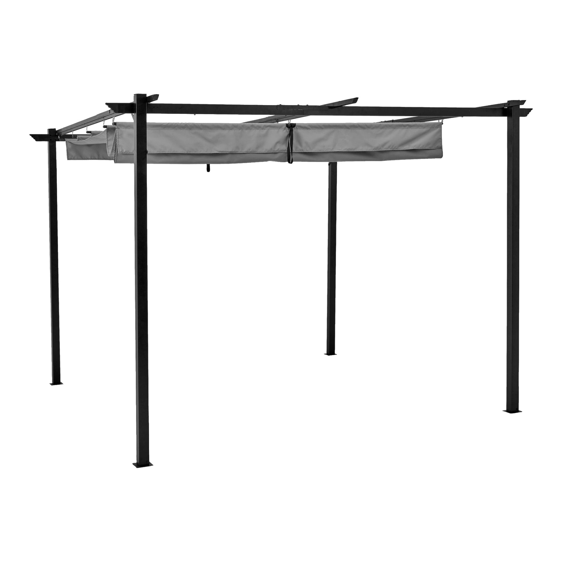 EKVIP Pergola visar upp ett slankt, modernt utseende med en svart metallram, fyra stadiga ben och en grå tygbaldakin som delvis är neddragen.