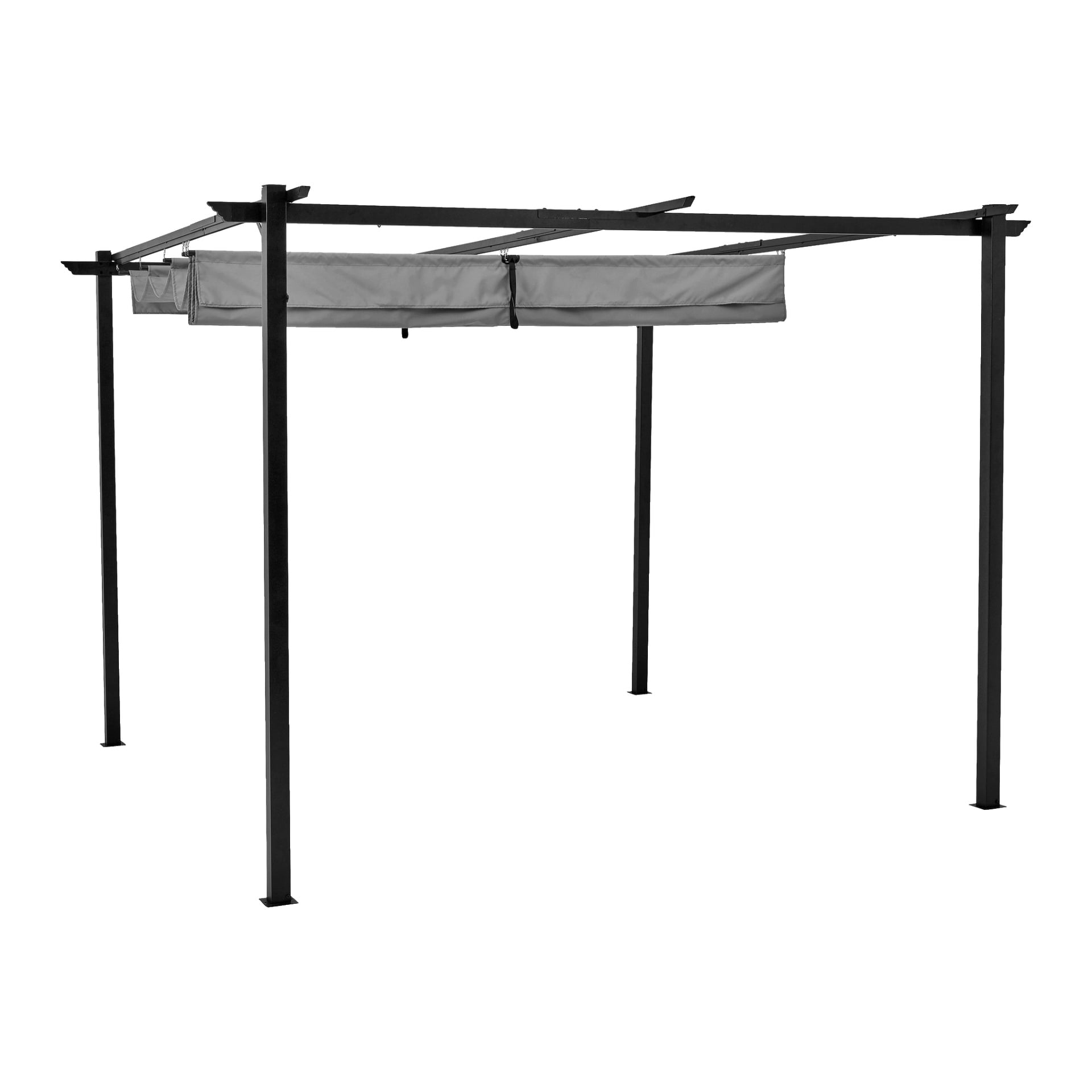 En EKVIP Pergola med en robust metallram, fyra stödben och platt tak. Ett delvis utdraget grått tygtak är placerat under de övre balkarna.