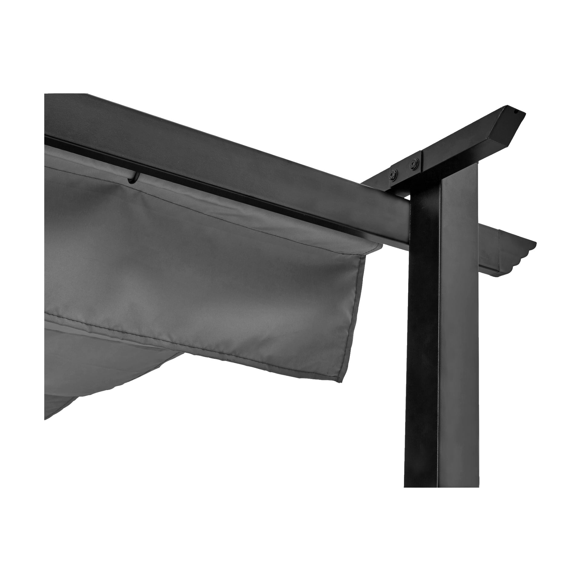 Närbild av ett EKVIP Pergola-hörn, som framhäver den svarta metallramen och den tillhörande grå tygbaldakinen.