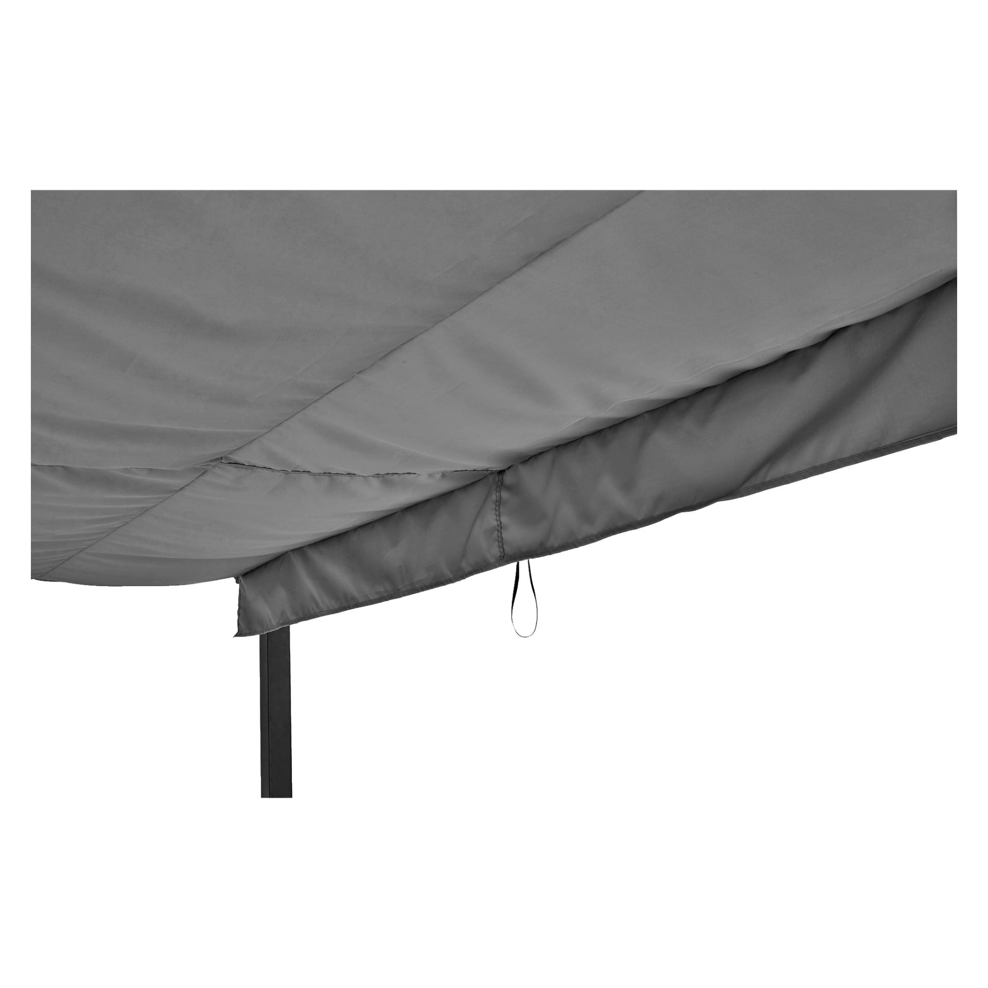En detaljerad titt på undersidan av EKVIP Pergolas tygtak, med fokus på en söm, en hängögla och en del av stödramen.