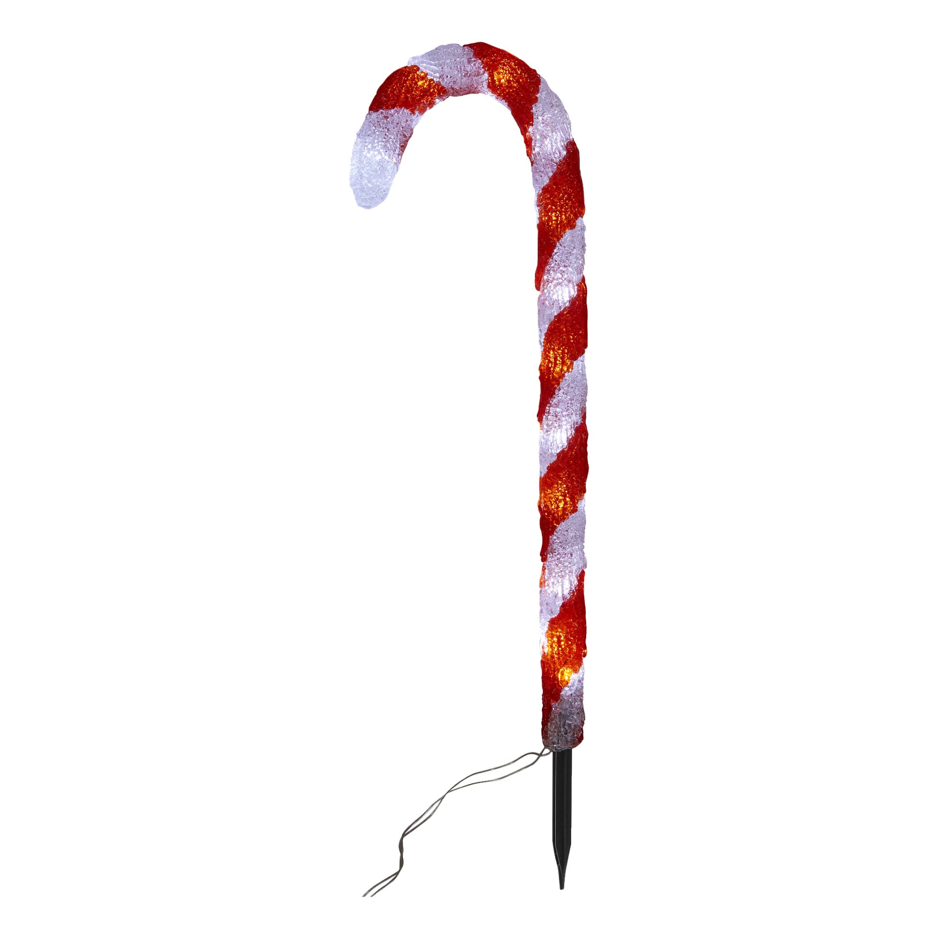 EKVIP Decorative Lighting LED Candy Canes 4 Pack visar röd- och vitrandiga polkagagrisdekorationer med inbyggda lampor, var och en monterad på en svart påle och ansluten med en elektrisk sladd som sträcker sig från basen.
