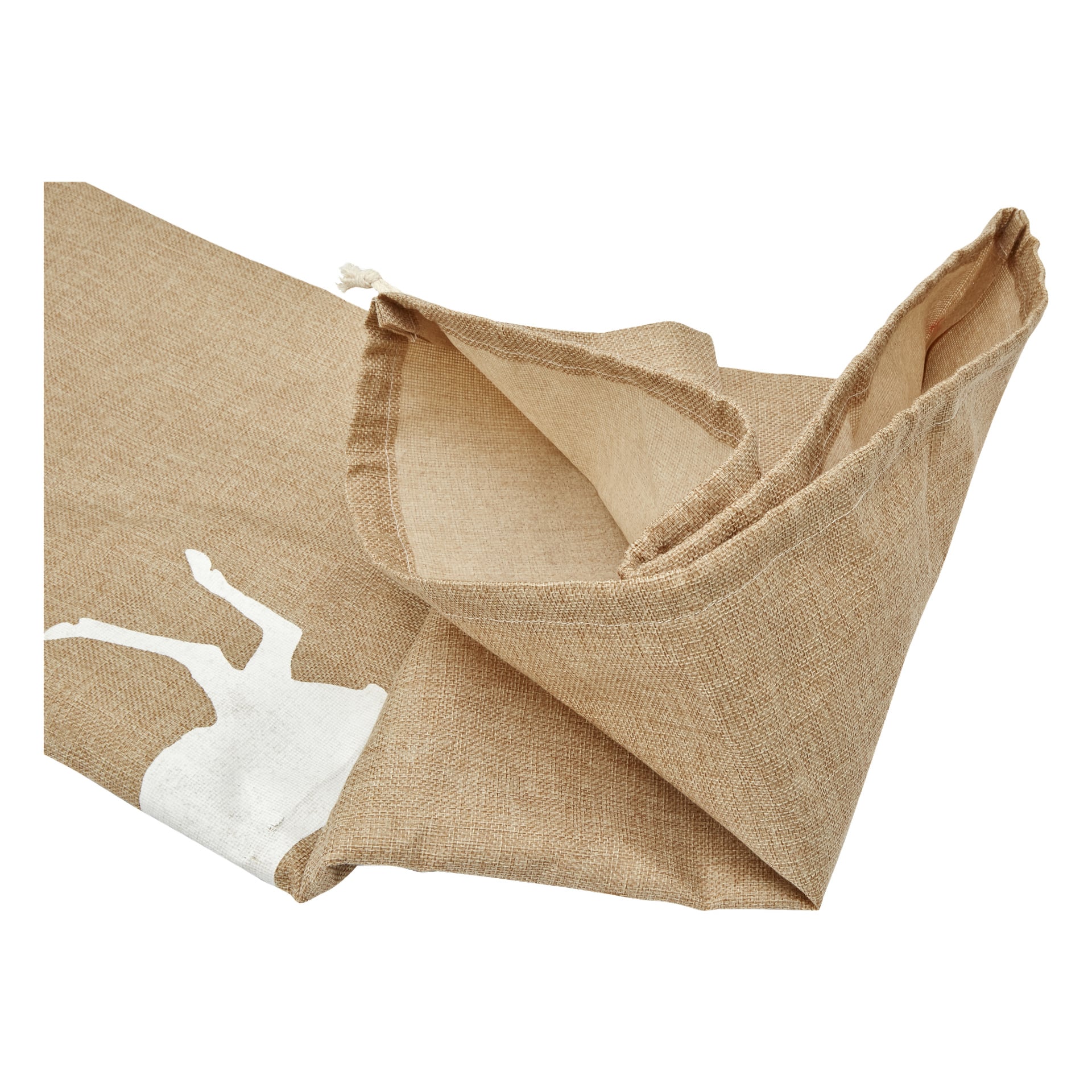 En detaljerad vy av EKVIP julklappssäck, med en naturlig säckvävsstruktur med råa kanter och en antydan till vit djurform på ena sidan. Väskan är lite öppen och ligger platt.