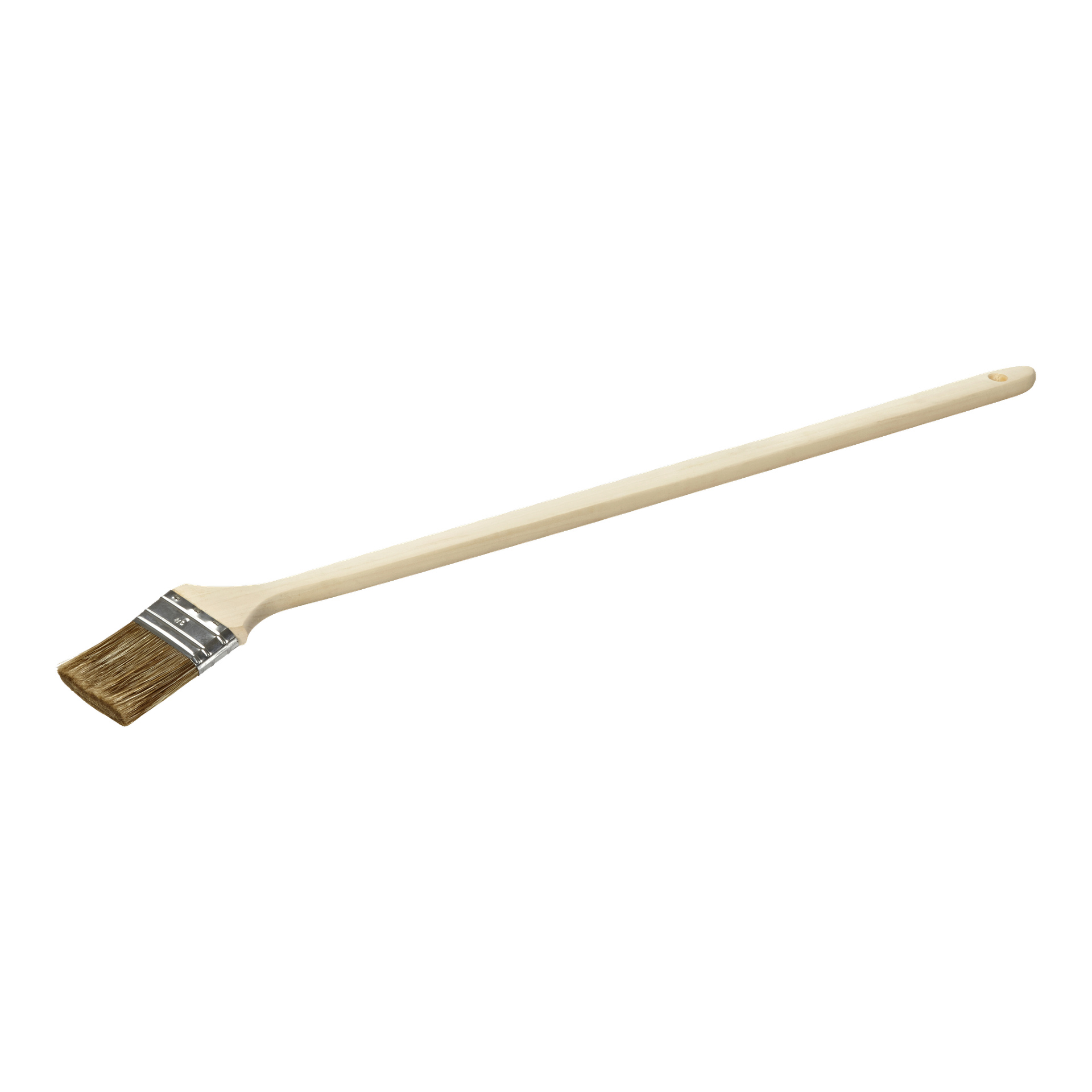 Hard Head Außenbürste mit einem langen Holzgriff, Metallhülse und einem Aufhängloch am Ende.