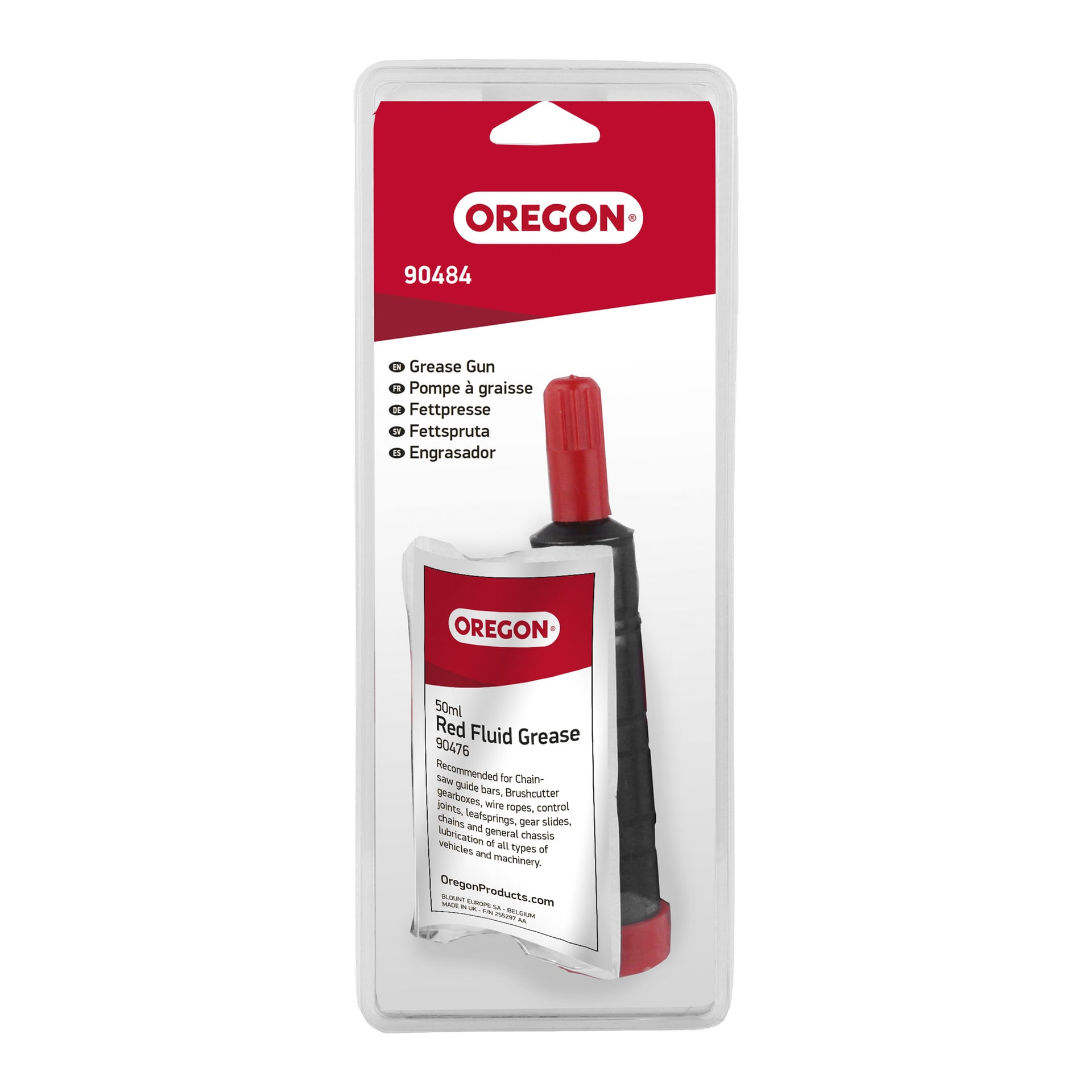 Ett förpackat Oregon fettpistolkit, modell 90484, inkluderar en 50 ml tub med rött fett och en svart och röd fettpistol. Förpackningen visar produktnamnet "Grease guns", listar kompatibla användningsområden och har Oregon-logotypen högst upp.
