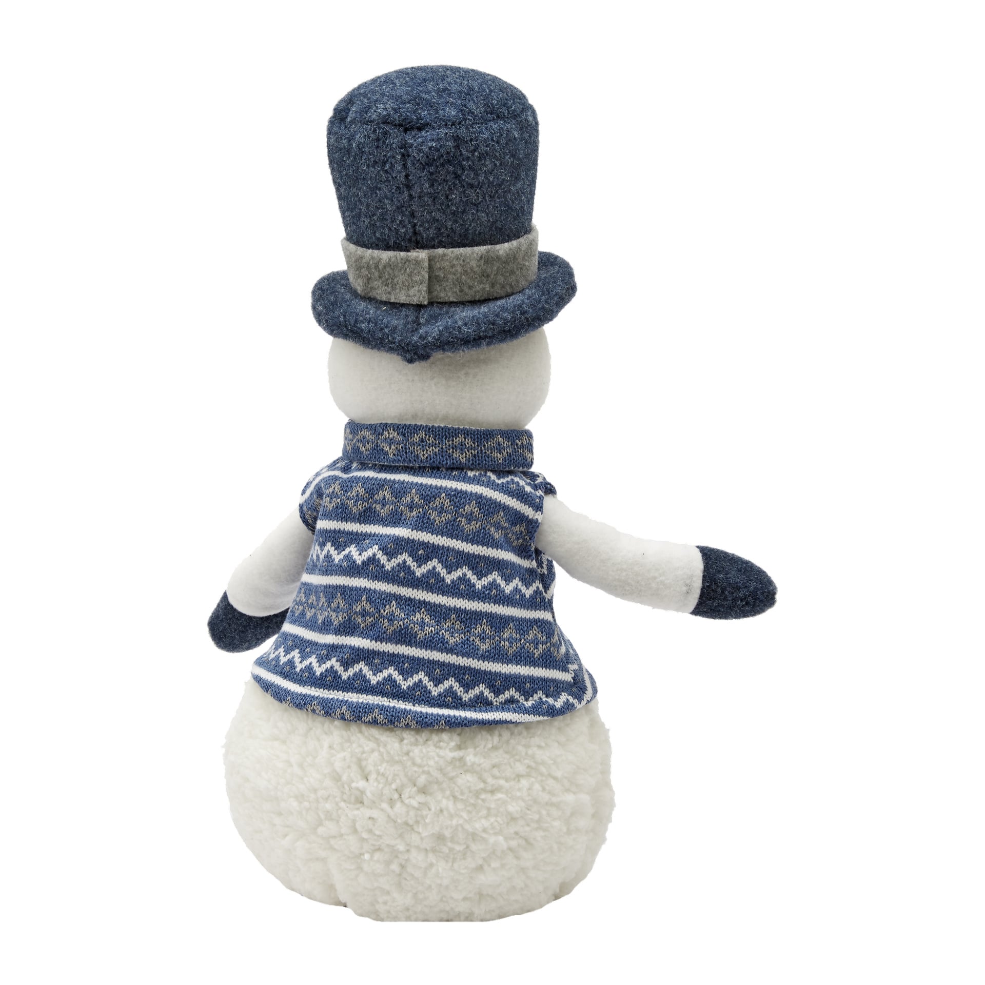 EKVIP Snowman-gosedjuret syns bakifrån och visar en mönstrad blå tröja, matchande blå vantar och en blå hög hatt med ett grått band. Den är tillverkad av mjukt, mjukt tyg och har en rundad bas.