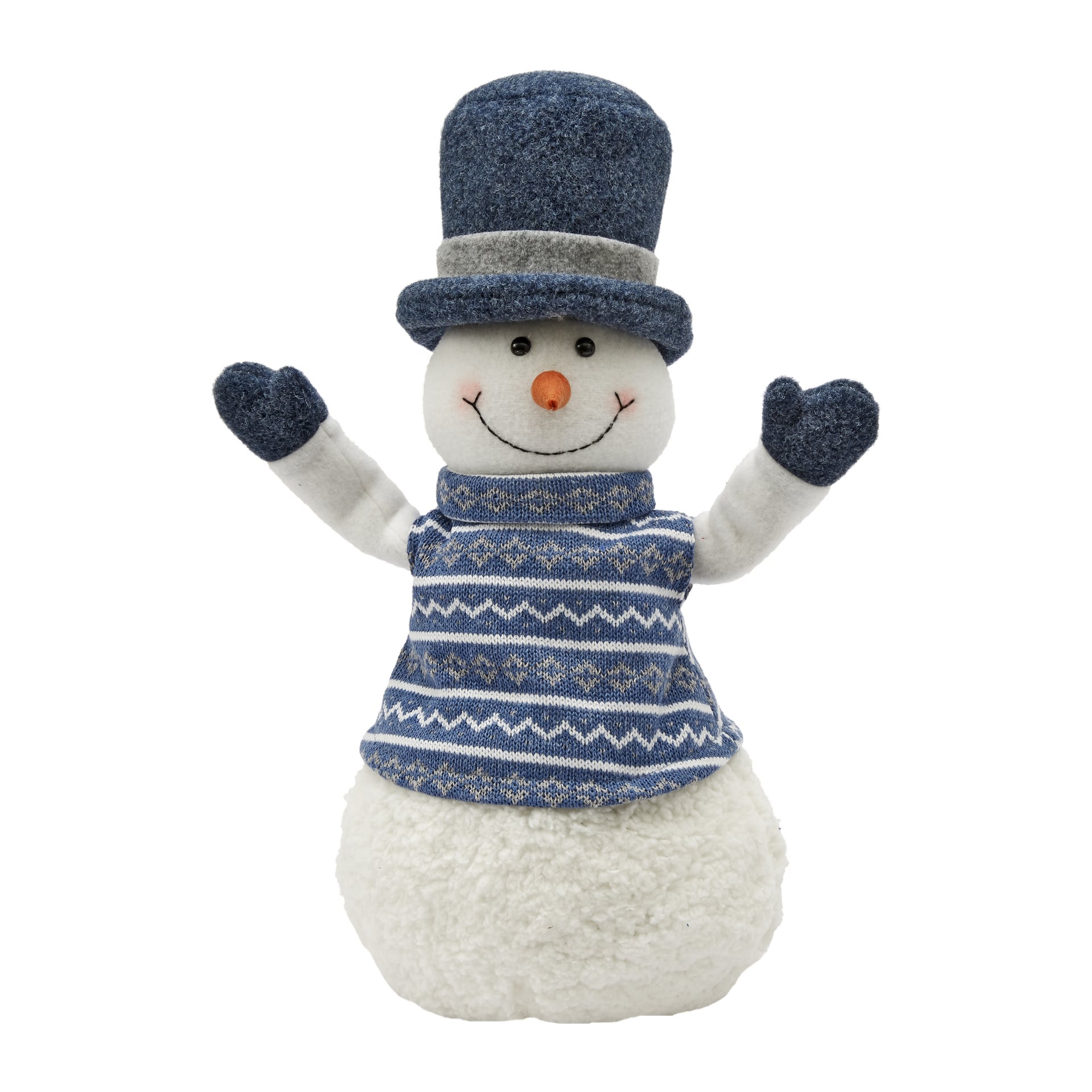 En EKVIP Snowman-gosedjur med ett glatt leende bär en blå mössa, en blåmönstrad tröja och blå vantar. Den har knappögon och en morotsnäsa.