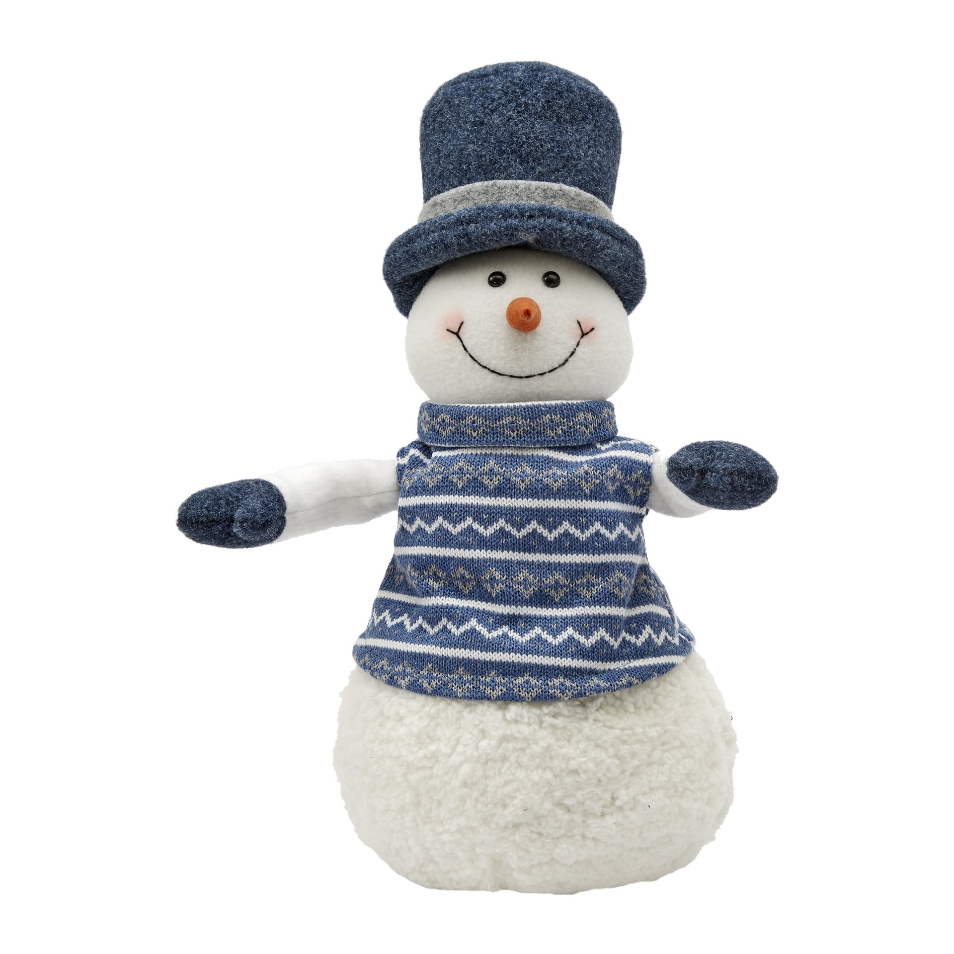 EKVIP Snowman mjukisdjur med utsträckta armar, iklädd en blå mönstrad tröja och matchande blå hög hatt. Den har en rund orange näsa, svarta ögon och ett glatt leende.