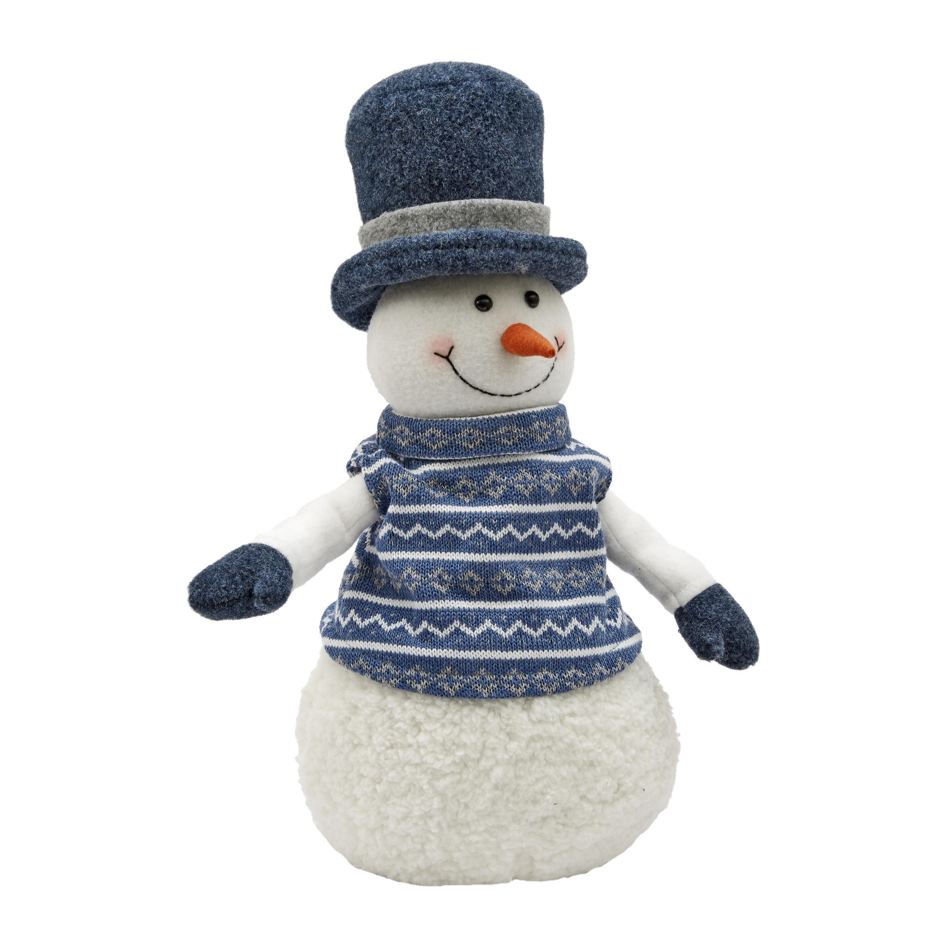 En EKVIP Snowman-gosedjur klädd i en blå mönstrad tröja, matchande blå vantar och en hög blå hög hatt med ett grått band. Snögubben visar svarta ögon, en orange morotsnäsa och ett glatt leende format av små svarta prickar.