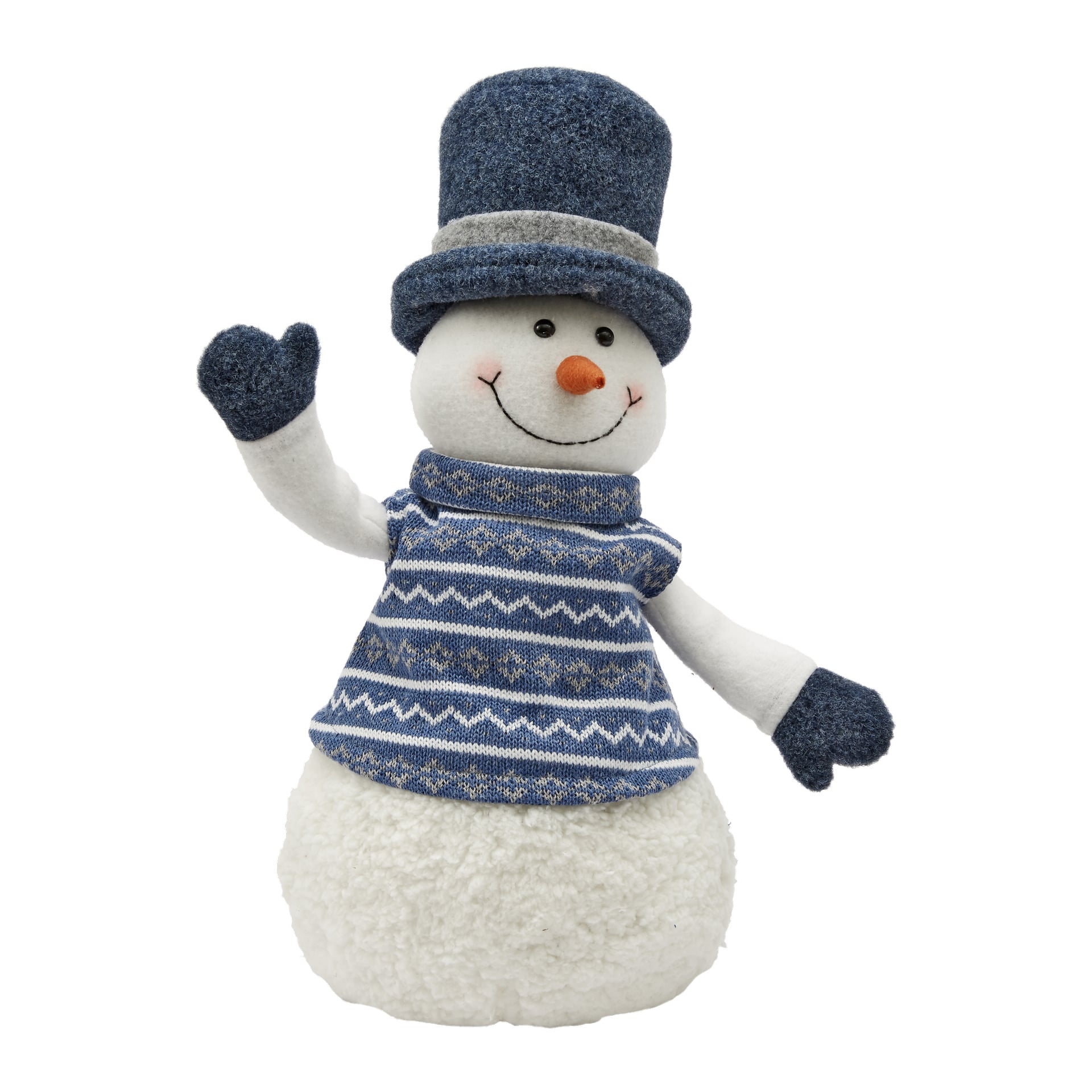En mjuk EKVIP Snowman med en blåvit mönstrad tröja, matchande vantar och en hög blå mössa. Snögubben har svarta ögon, en leende mun, en orange morotsnäsa och höjer sin högra hand i en vänlig vinkning.
