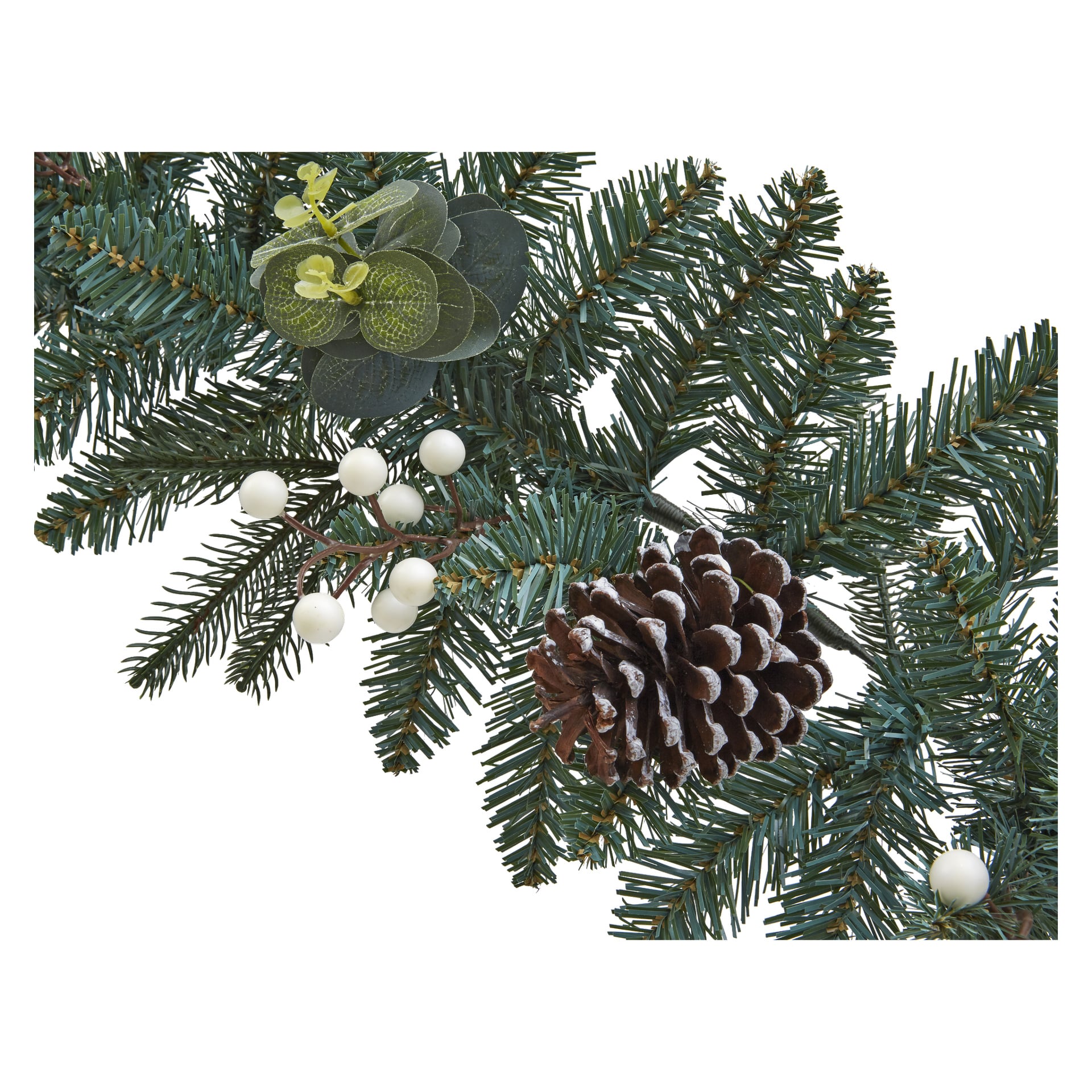 EKVIP-girland med konstgjorda barrgrenar, kottar, vita bär och gröna blad.