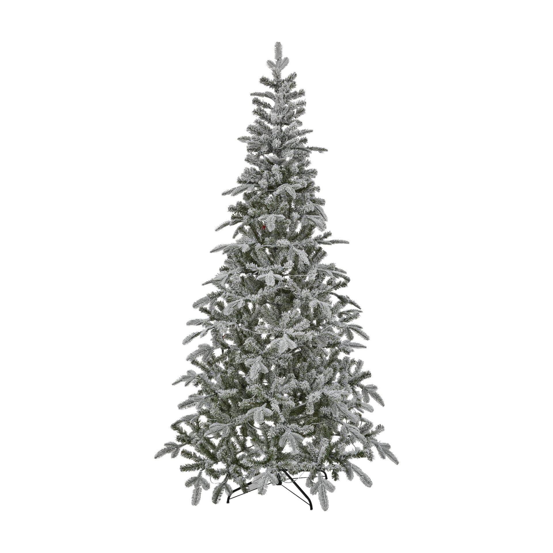 En EKVIP Lifelike julgran med konstsnö och inbyggda LED-lampor står på ett svart metallstativ. Trädet har en full, konisk form och är odekorerat.