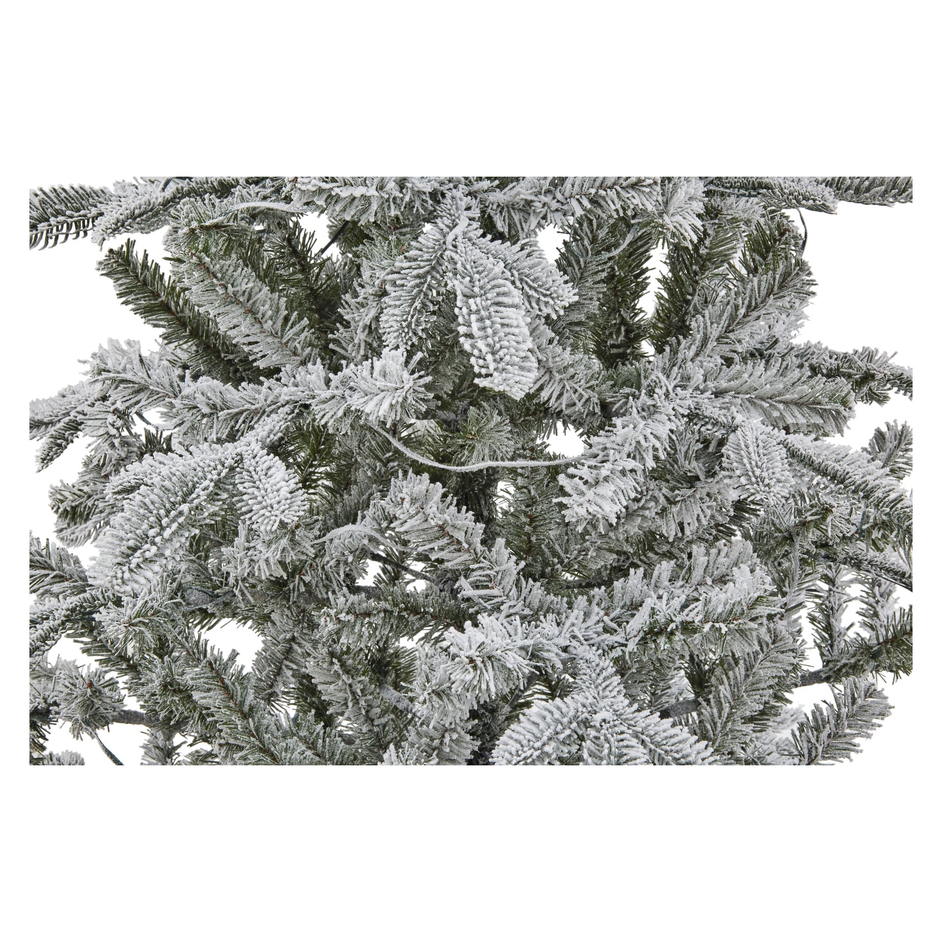 Detaljerad vy av EKVIP Lifelike Christmas tree med konstgjorda tallgrenar prydda med övertygande vit snö och frodiga gröna barr under. De tjockt lager-på-lager-grenarna skapar en rik, vintrig textur, framhävd av inbyggda LED-lampor.