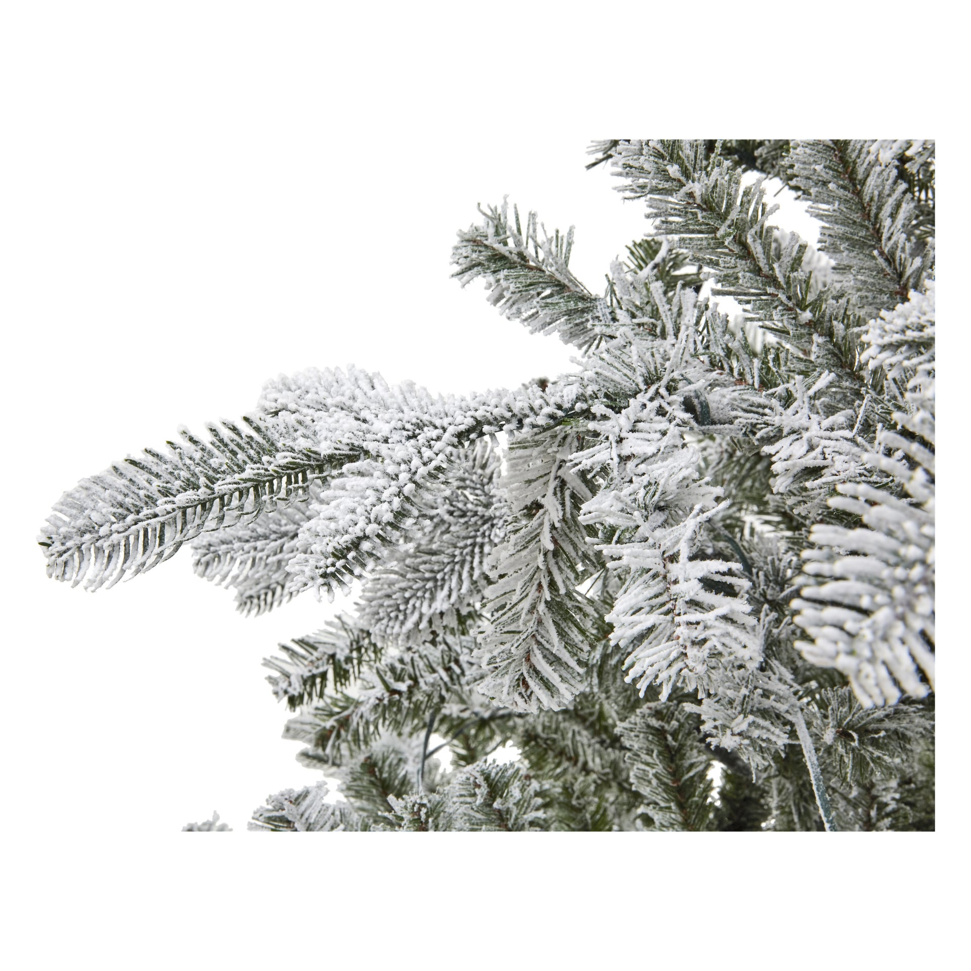 Närbild på EKVIP Lifelike Christmas tree prydd med konstsnö och lysande LED-lampor, som visar frostade barr och grenar för en realistisk, isig vinterlook.