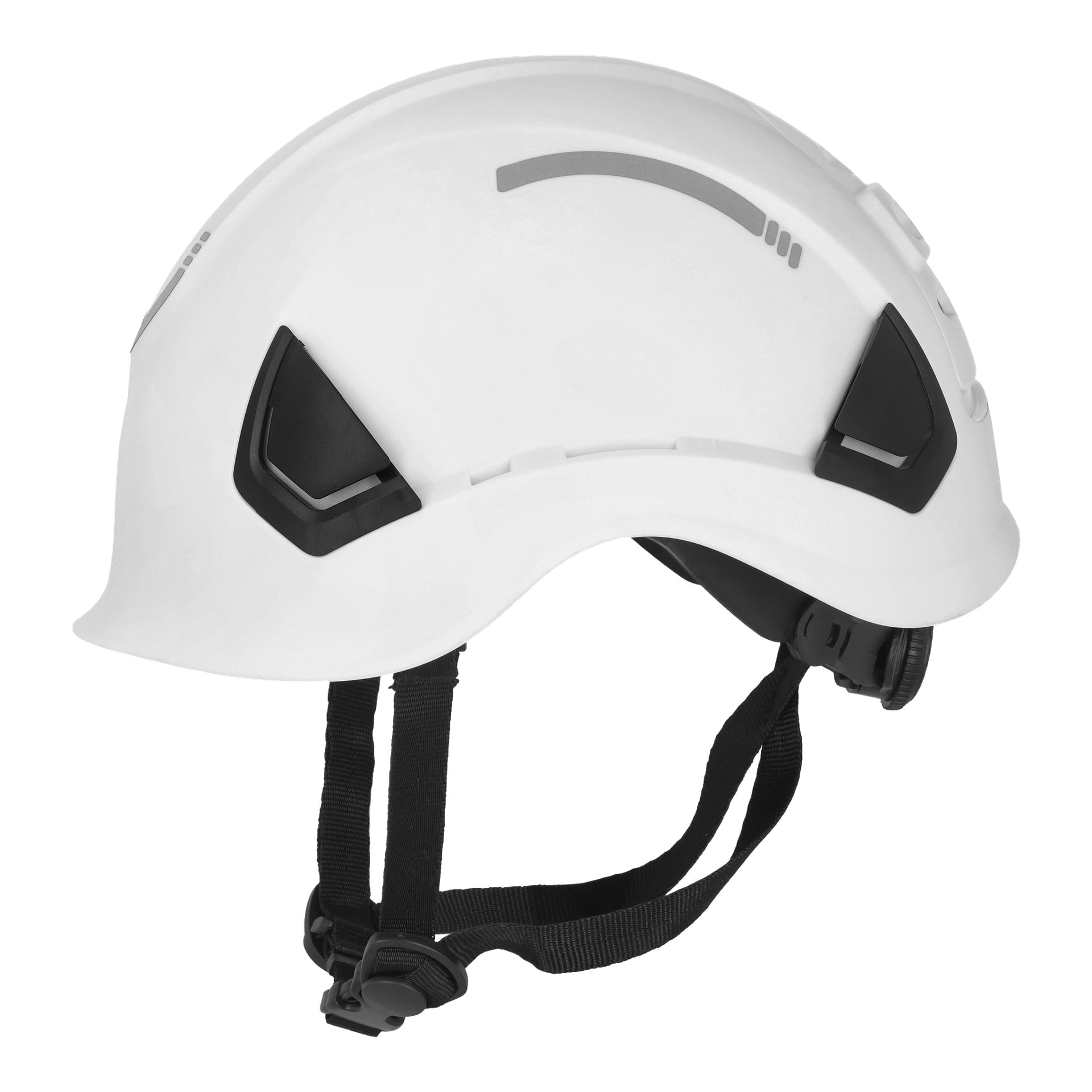En vit Bluewear Pro Workwear-säkerhetshjälm med svarta justeringsremmar och ventiler visas från sidan.