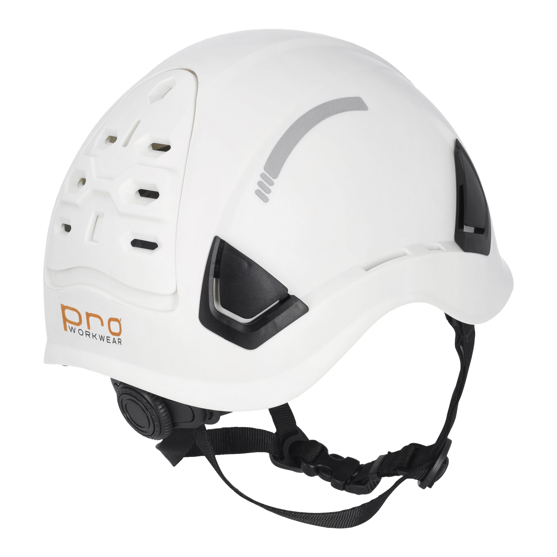 En Bluewear Pro Workwear-hjälm i vitt, designad med svarta remmar, ventilationsspår, grå detaljer och en orange Pro Workwear-logotyp. Hjälmen har en justerbar hakrem och en bakre ratt för justeringar av passformen.