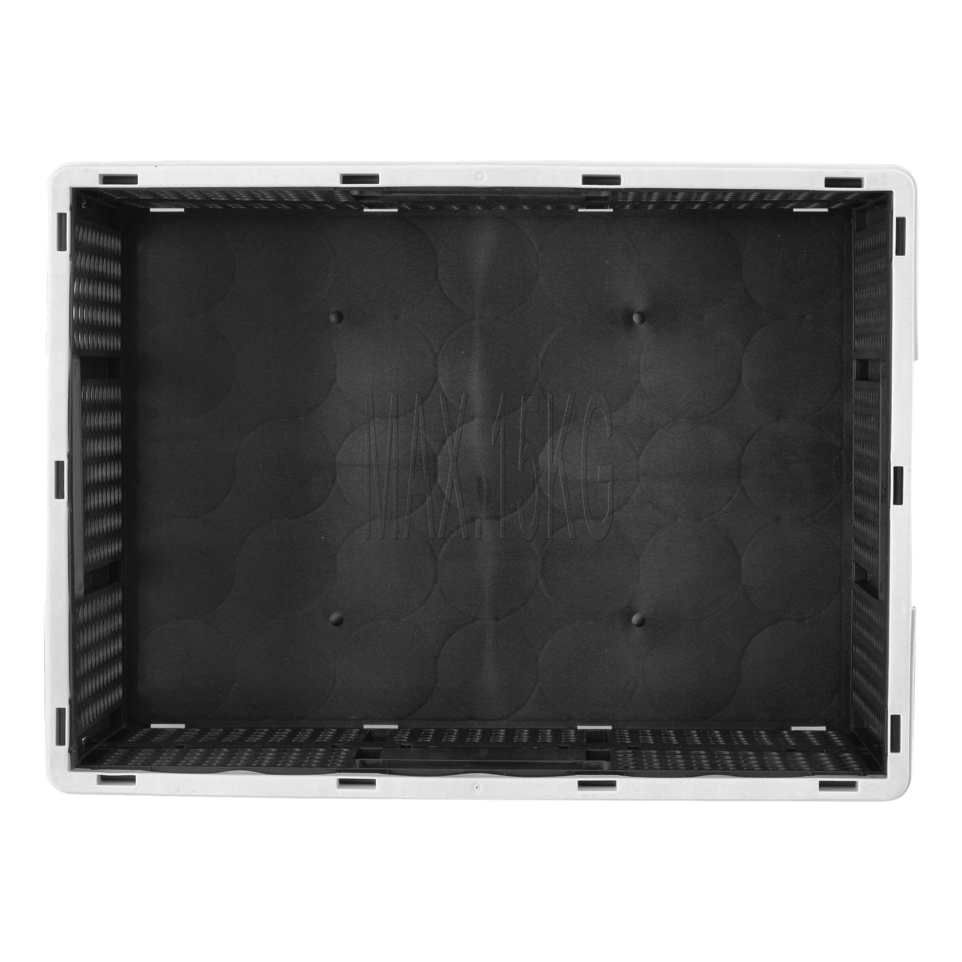 Top-down-vy av en svart, rektangulär plastlåda med Hard Head Folding med ventilerade sidor och texturerad botten, med en präglad etikett på insidan som anger en maximal belastning på 15 kg.