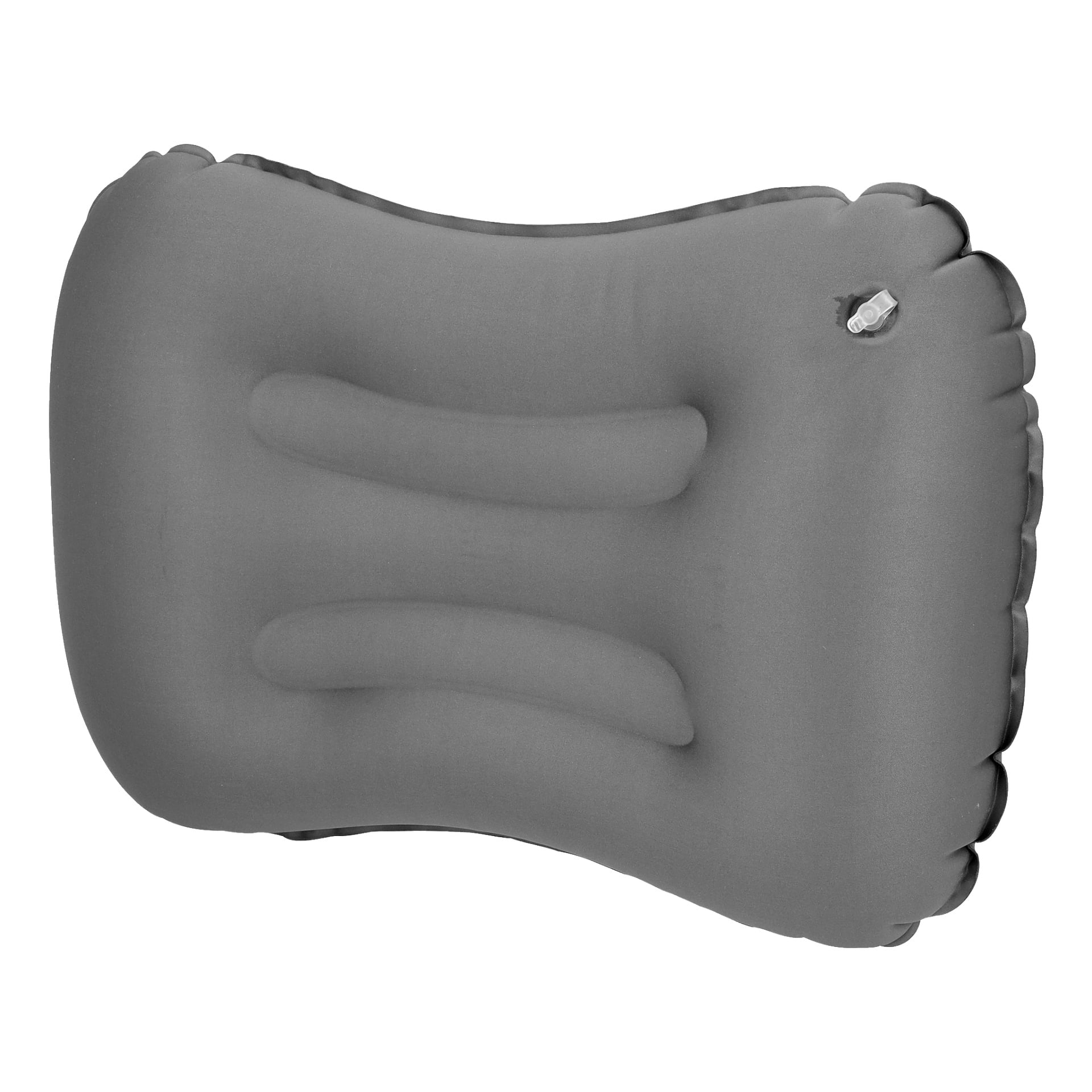 En grå Kayoba Inflatable Cushion med horisontella spår och en ventil uppe till höger, designad för bekväm reskomfort.