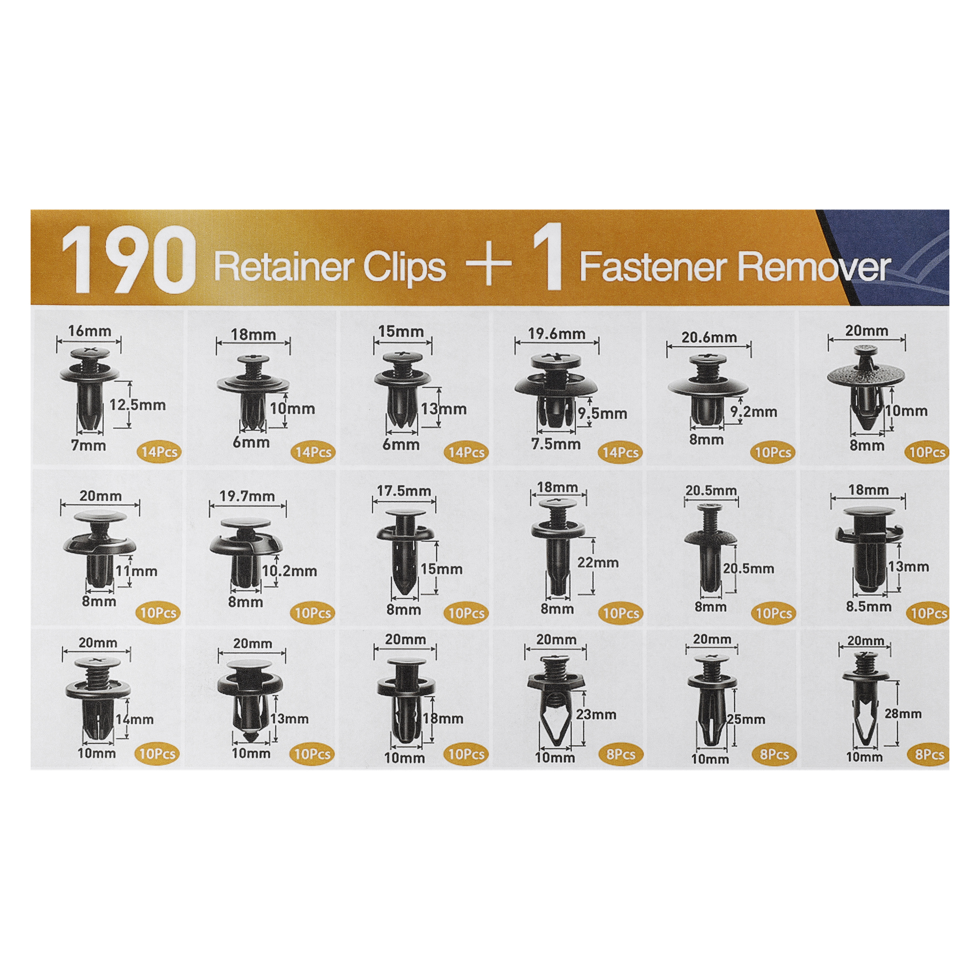 Ett produktdiagram för Hamron Plastic Clips for Car (190 stycken) visas i ett rutnätsformat, där man visar retainerklämmor i olika storlekar, var och en märkt med sina dimensioner och mängd. Seten varierar från de med 20 bitar till de med 10 delar. Ett verktyg för att ta bort fästanordningar ingår också.