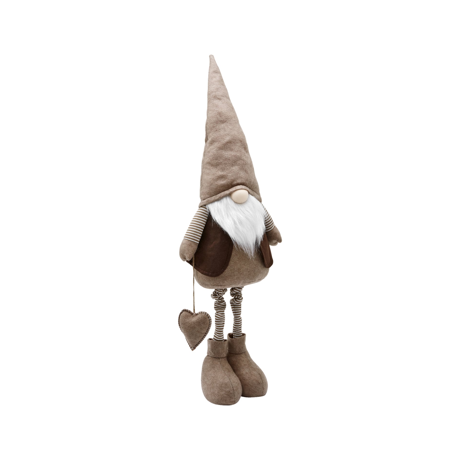 Die EKVIP Santa-Puppe hat verstellbare Beine und einen weichen, plüschigen Körper. Er trägt einen hohen, spitzen Hut, gestreifte Arme und Beine, einen flauschigen weißen Bart und eine runde Nase. Eine Hand hält ein Stoffherz, das an einer Schnur hängt. Der Weihnachtsmann trägt große, weiche Schuhe und steht aufrecht.