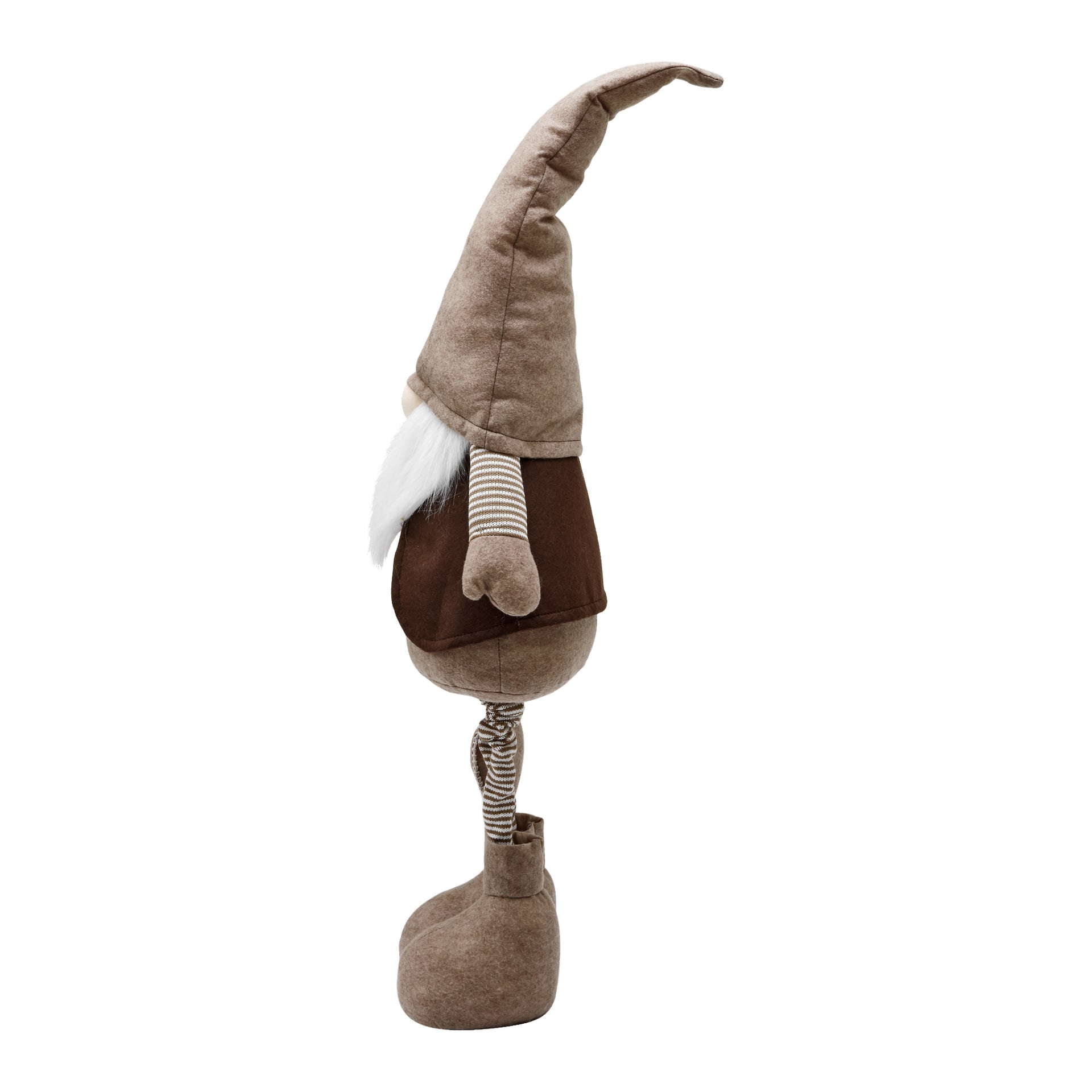En EKVIP "Santa with adjustable legs" mjuk figur visas i sidoprofil, iförd en hög spetsig hatt, vitt skägg, brun väst, randiga armar och stora skor.