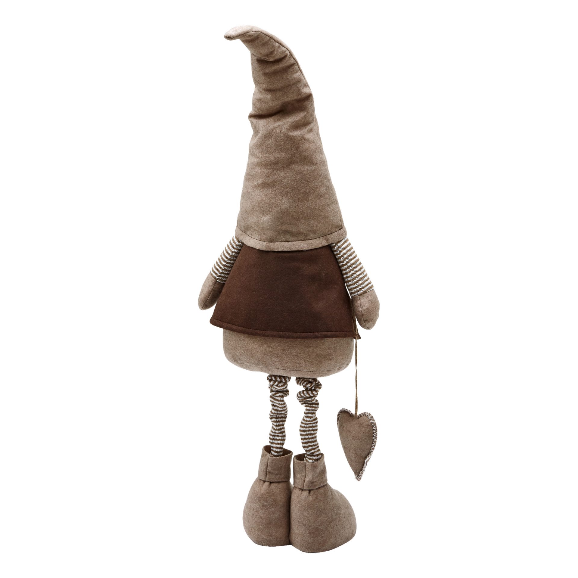 Diese von EKVIP Santa inspirierte Stoffpuppe hat bewegliche Beine, einen hohen, spitzen Hut, gestreifte Gliedmaßen, übergroße Stiefel und einen herzförmigen Anhänger an einer Hand. Sein Farbschema umfasst verschiedene Braun- und Beigetöne.