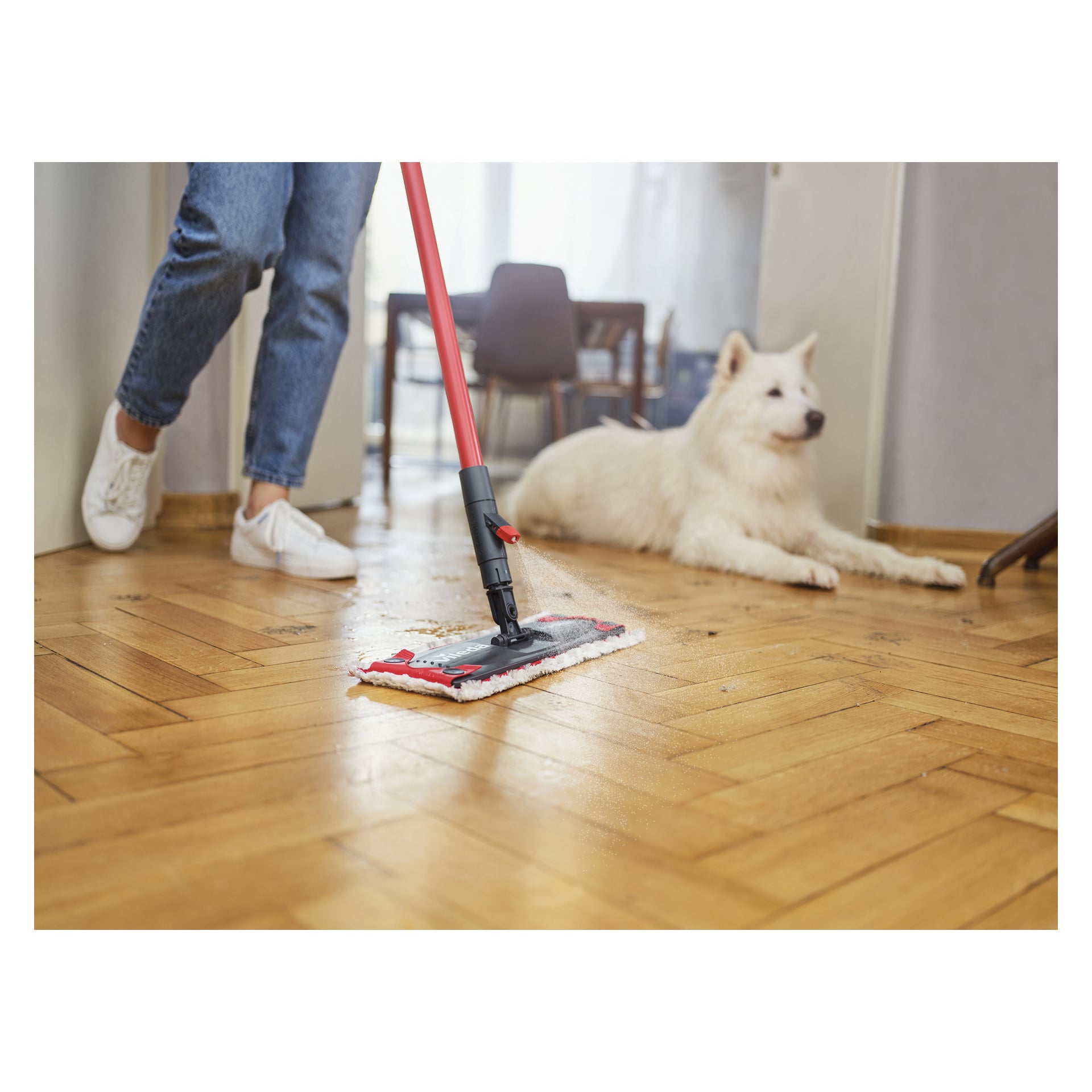 En person i blå jeans och vita skor rengör ett trägolv med Vileda Spray mop 1-2 Spray. En stor vit hund ligger på golvet nära ett skrivbord och en stol i bakgrunden.