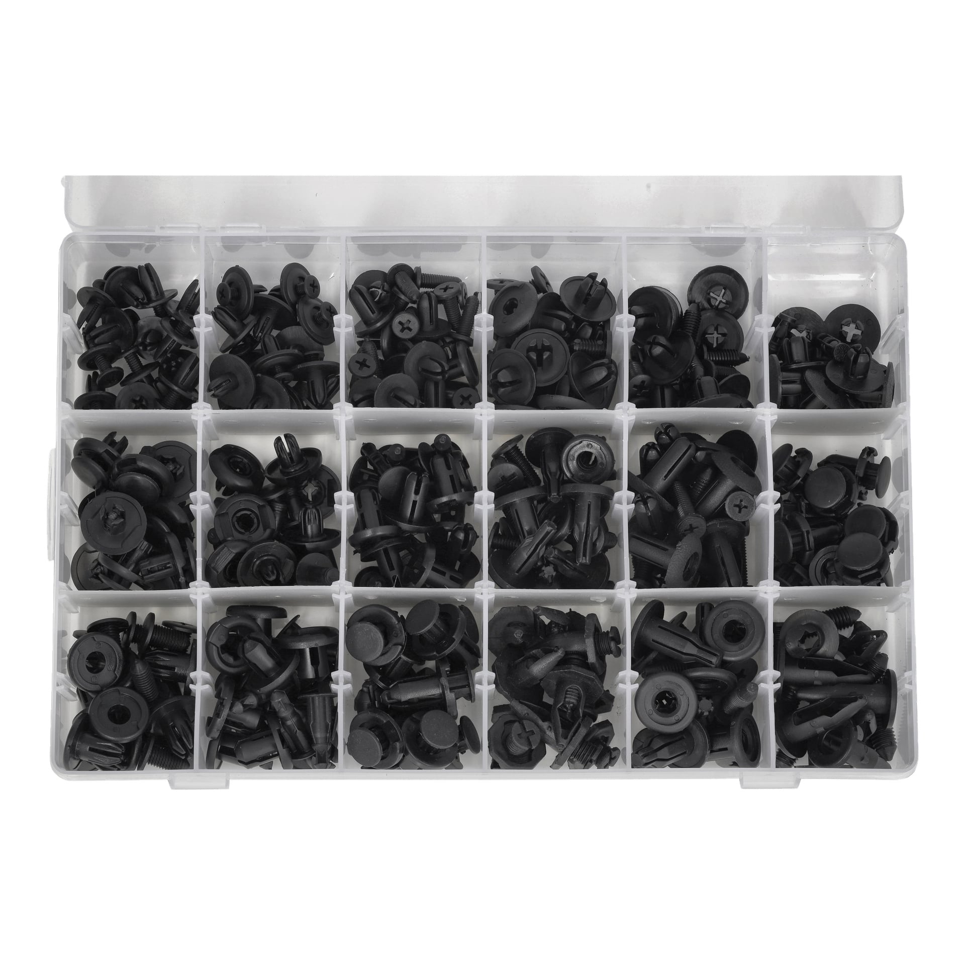 Ett set med 190 Hamron svarta plastfästen och klämmor för bilar, prydligt ordnade efter form och storlek i en delad förvaringslåda.