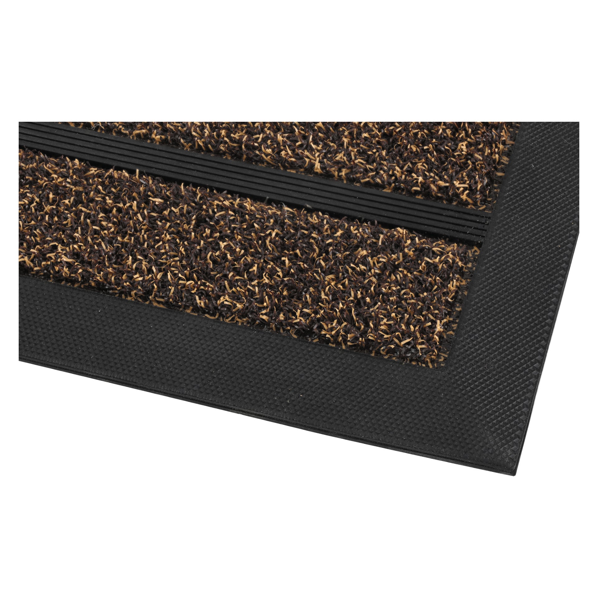 En detaljerad närbild av EKVIP-dörrmattan, som visar dess rektangulära form med texturerade bruna och svarta borst och en omgivande gummikant, vilket betonar den intrikata ytdesignen.