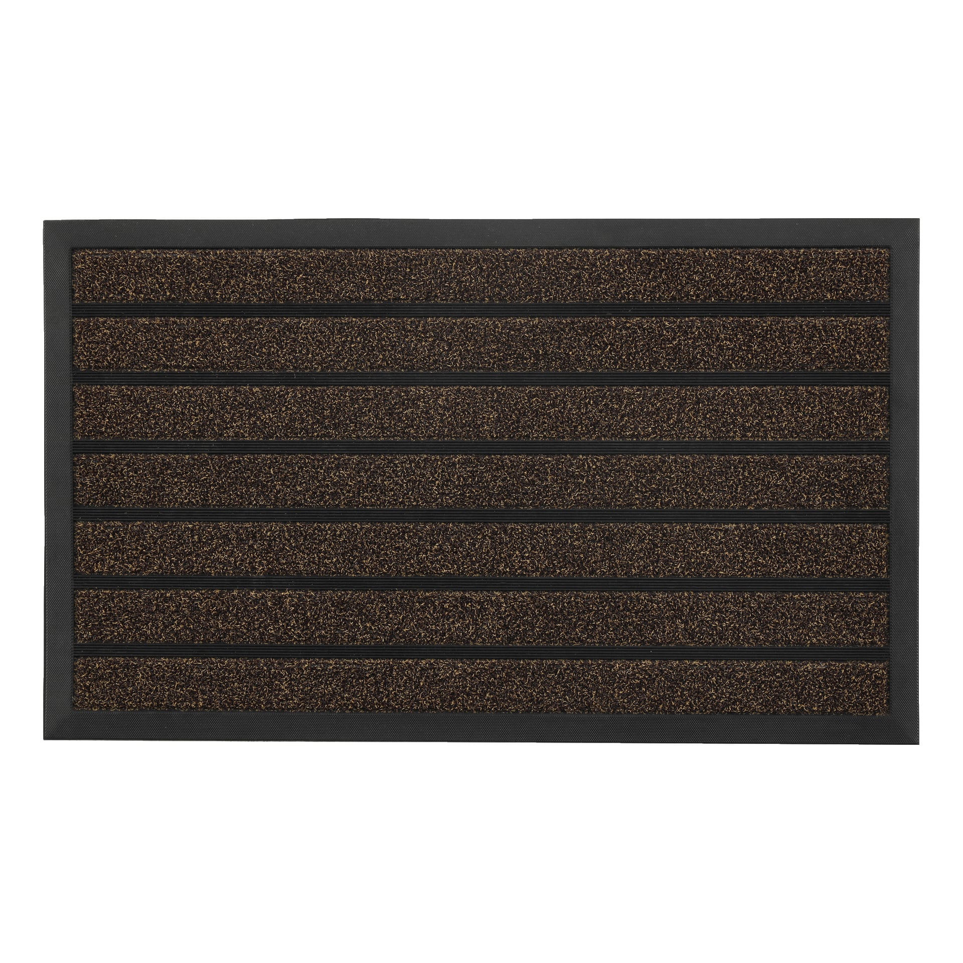 EKVIP Doormat har en rektangulär form med ett upprepat mönster av horisontella ränder, som växlar mellan texturerade bruna fibrer och smala svarta linjer. En solid svart kant ramar in hela mattan.