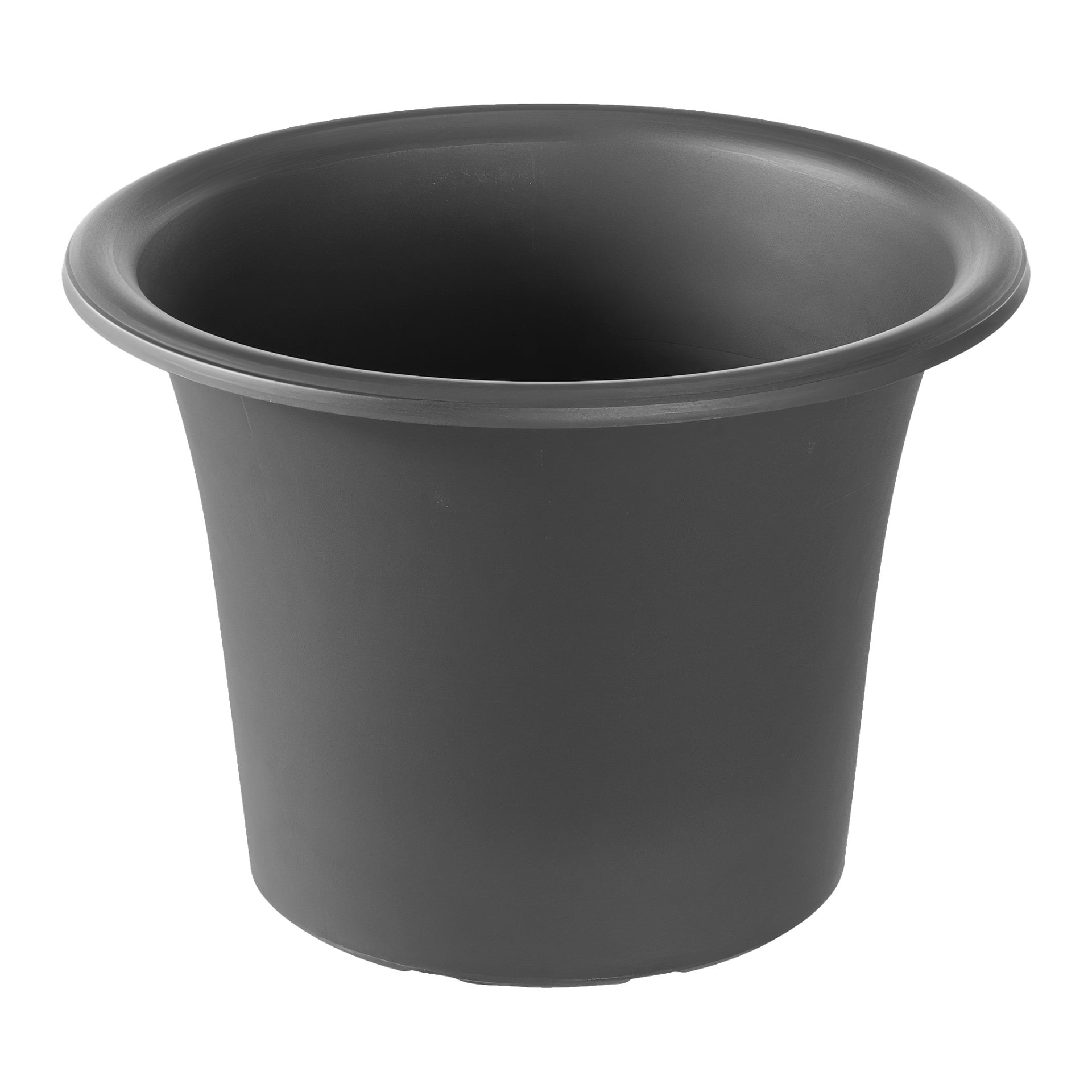 En enkel, svart plast Hard Head Pot med bred kant. Krukan är cylindrisk och smalnar något av mot botten.