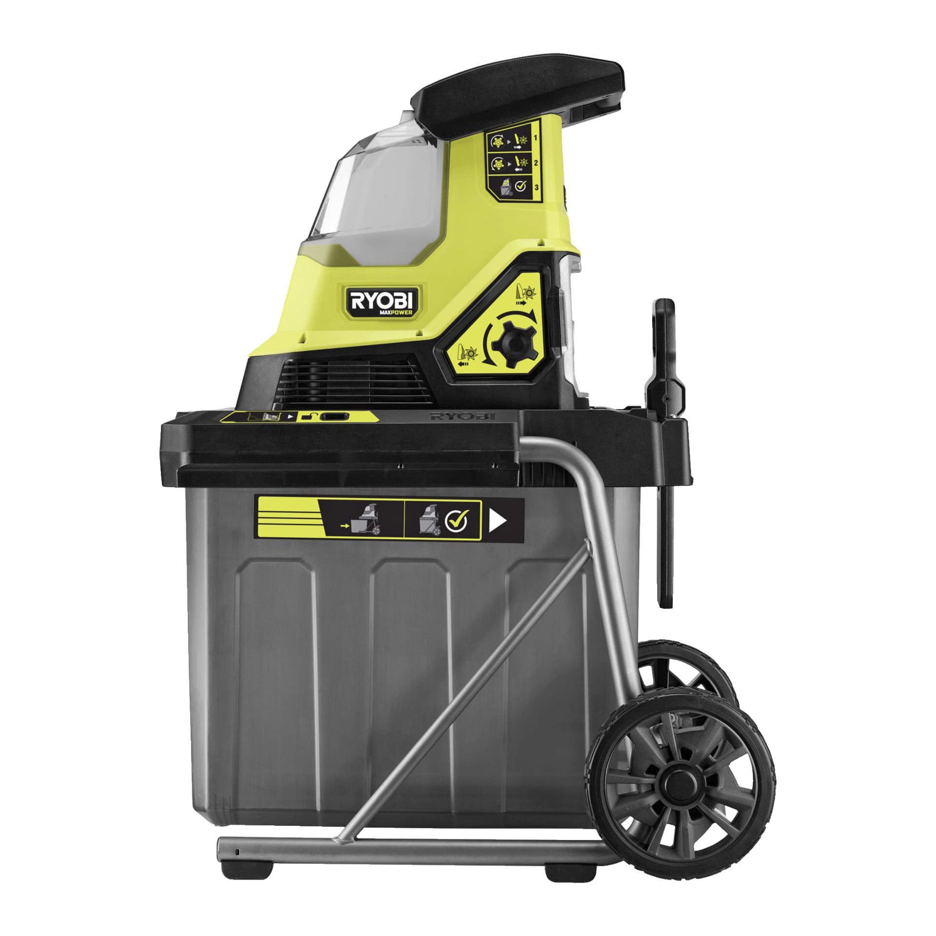 Ryobi Max Power RY36SHX40-0 kompostmakulatorn, som visas i gult och svart, inkluderar en genomskinlig insamlingskärl, en lättanvänd kontrollpanel, hållbara hjul och en robust metallram för effektiv strimling av trädgårdsavfall.