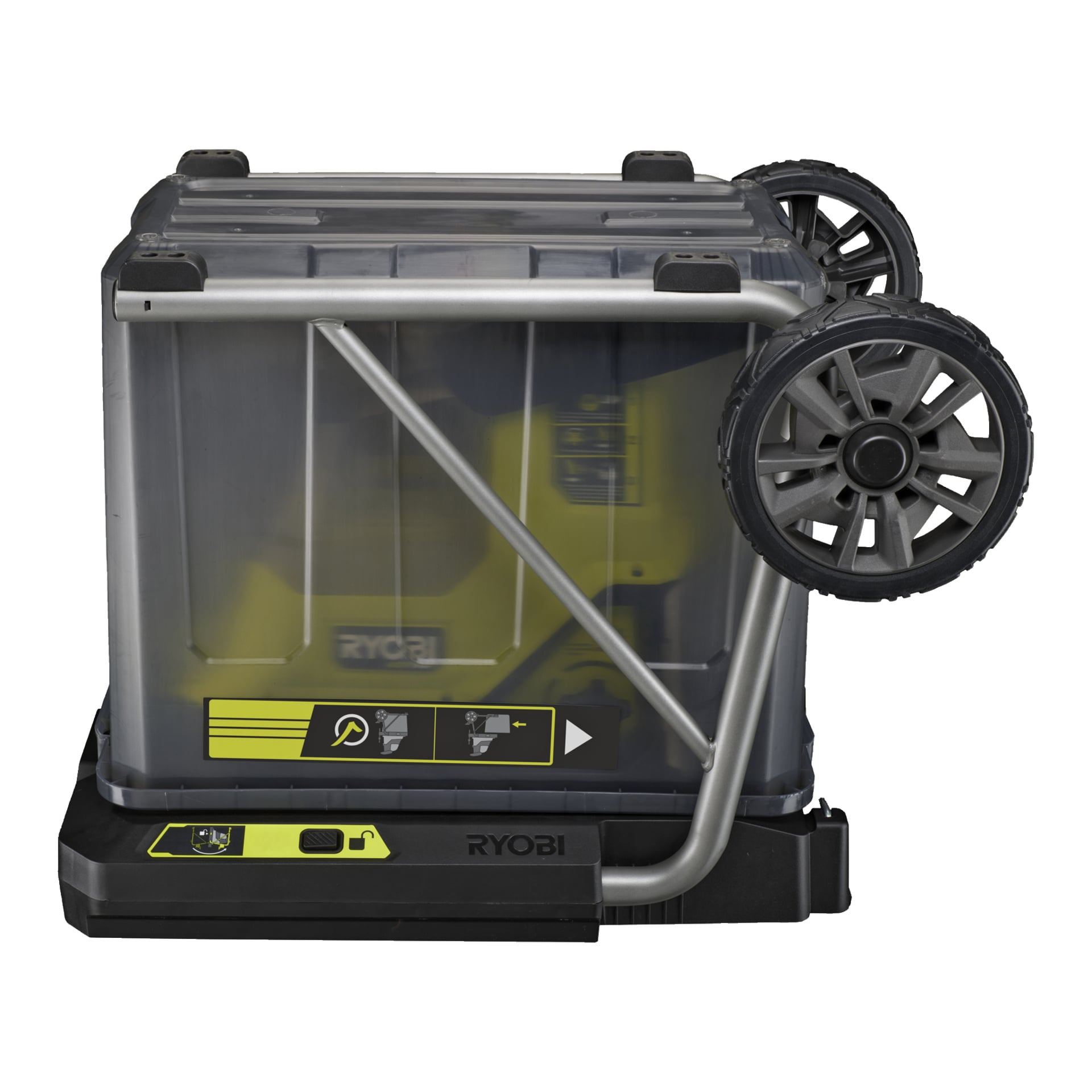 Ryobi Max Power batteridrivna kompostförstörare RY36SHX40-0 är utrustad med två stora hjul, ett transparent plasthölje och en robust metallram. Sett från sidan har den gula och svarta kontroller samt synliga instruktionsetiketter på kroppen.