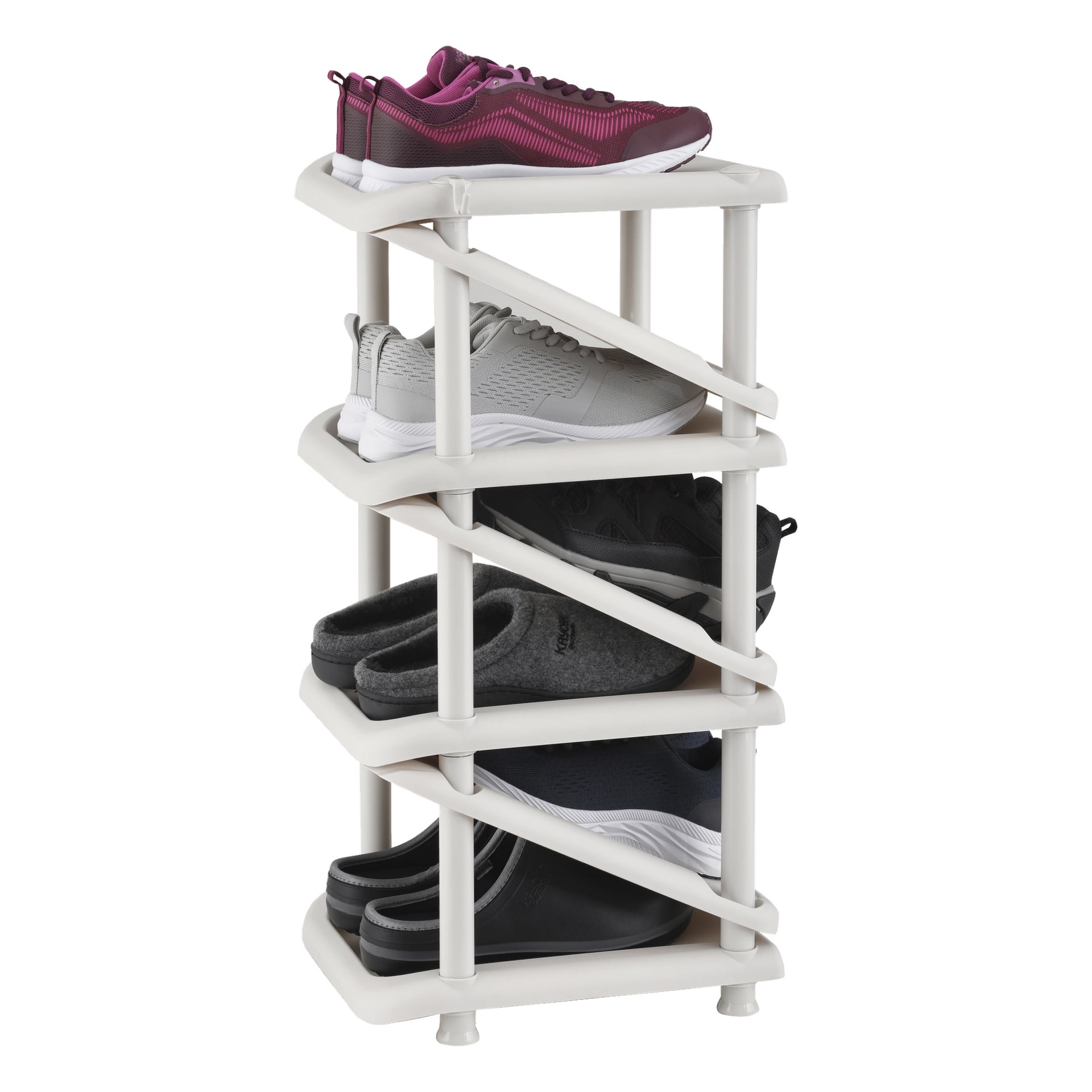 EKVIP Upright skohyllan förvarar fyra par: röda sportskor på översta hyllan, ljusgrå sneakers under, mörkgrå tofflor under och svartvita sneakers längst ner.