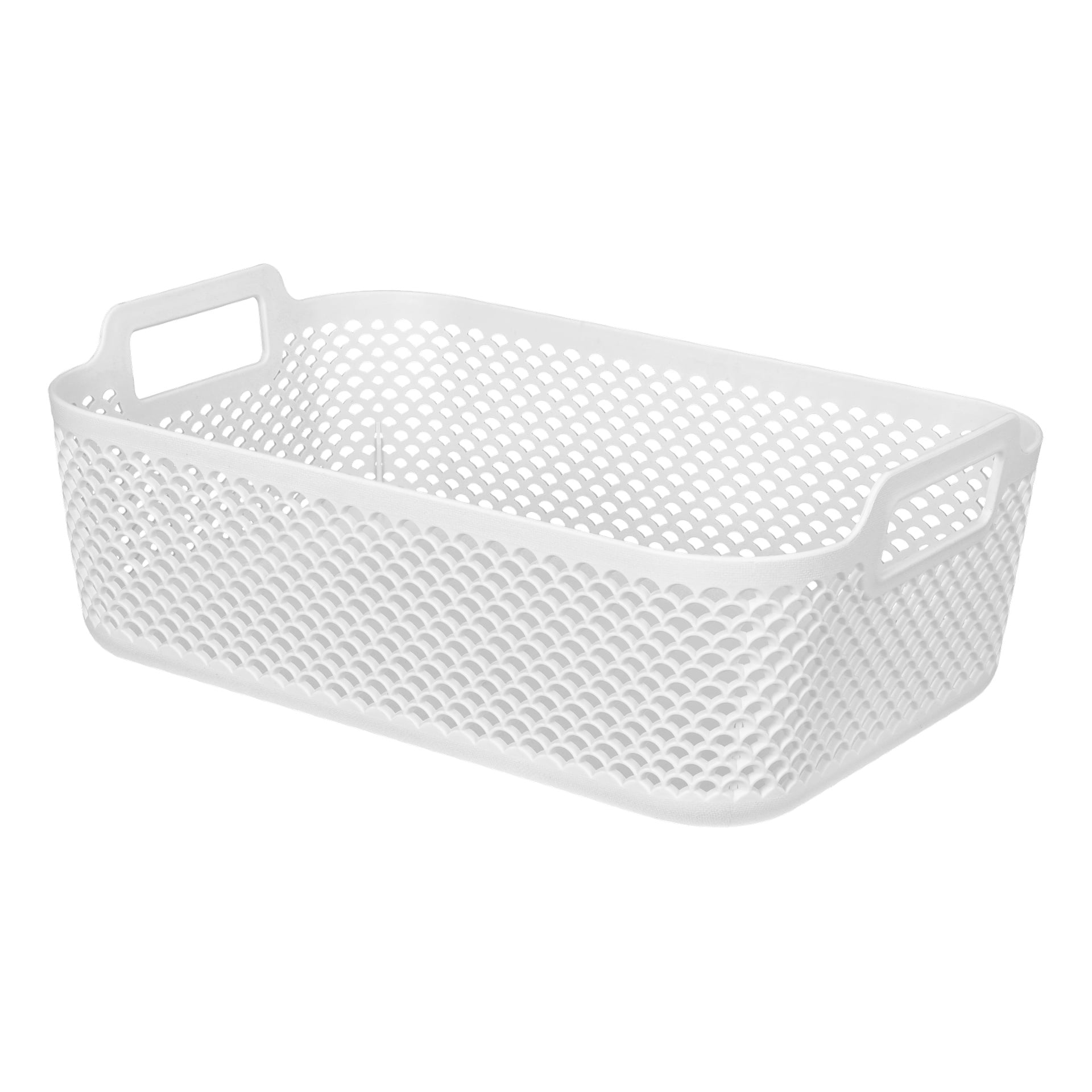 Hard Head Storage -kori on valmistettu valkoisesta muovista, siinä on kaksi kahvaa helppoa kantamista varten ja sen sivuilla on rei'itetty kuvio.