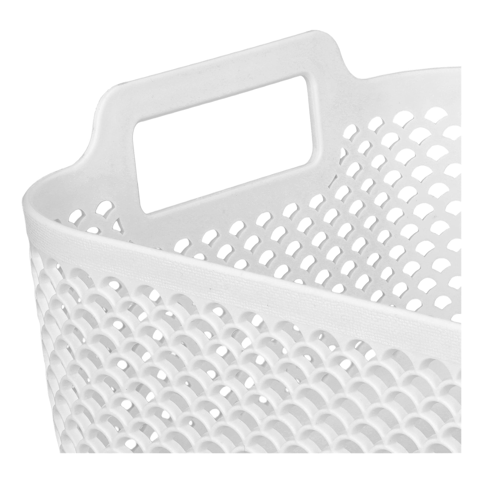 Yksityiskohtainen näkymä Hard Head Storage -korista, jossa näkyy sen valkoinen muovirunko, jossa on aaltomainen kuvio ja suorakaiteen muotoinen kahvaleikkaus lähellä yläreunaa.