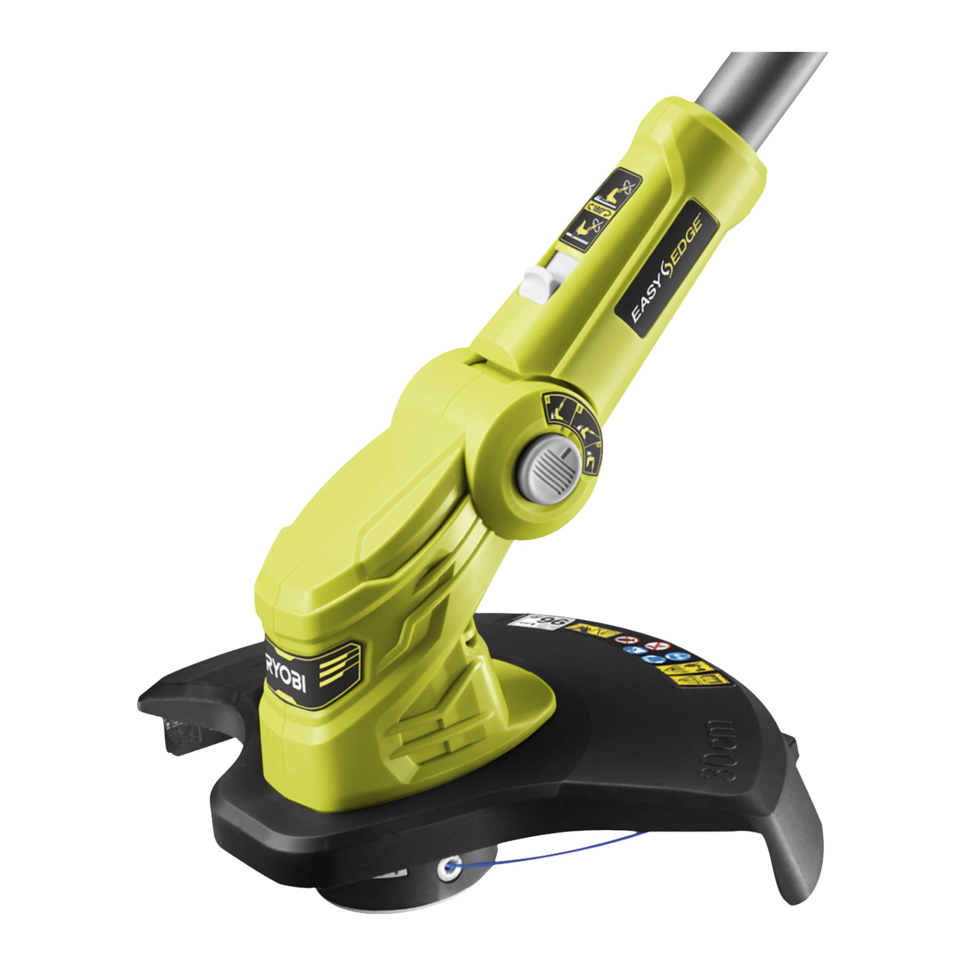 Zbliżenie na bateriowy trymer OLT1832A Ryobi One+, pokazując detale takie jak żółta obudowa silnika, osłona, pokrętło regulacji i metalowy wałek. Na etykiecie produktu widnieje napisy Ryobi i OLT1832A. Używane do krawędzi i przycinania trawy.