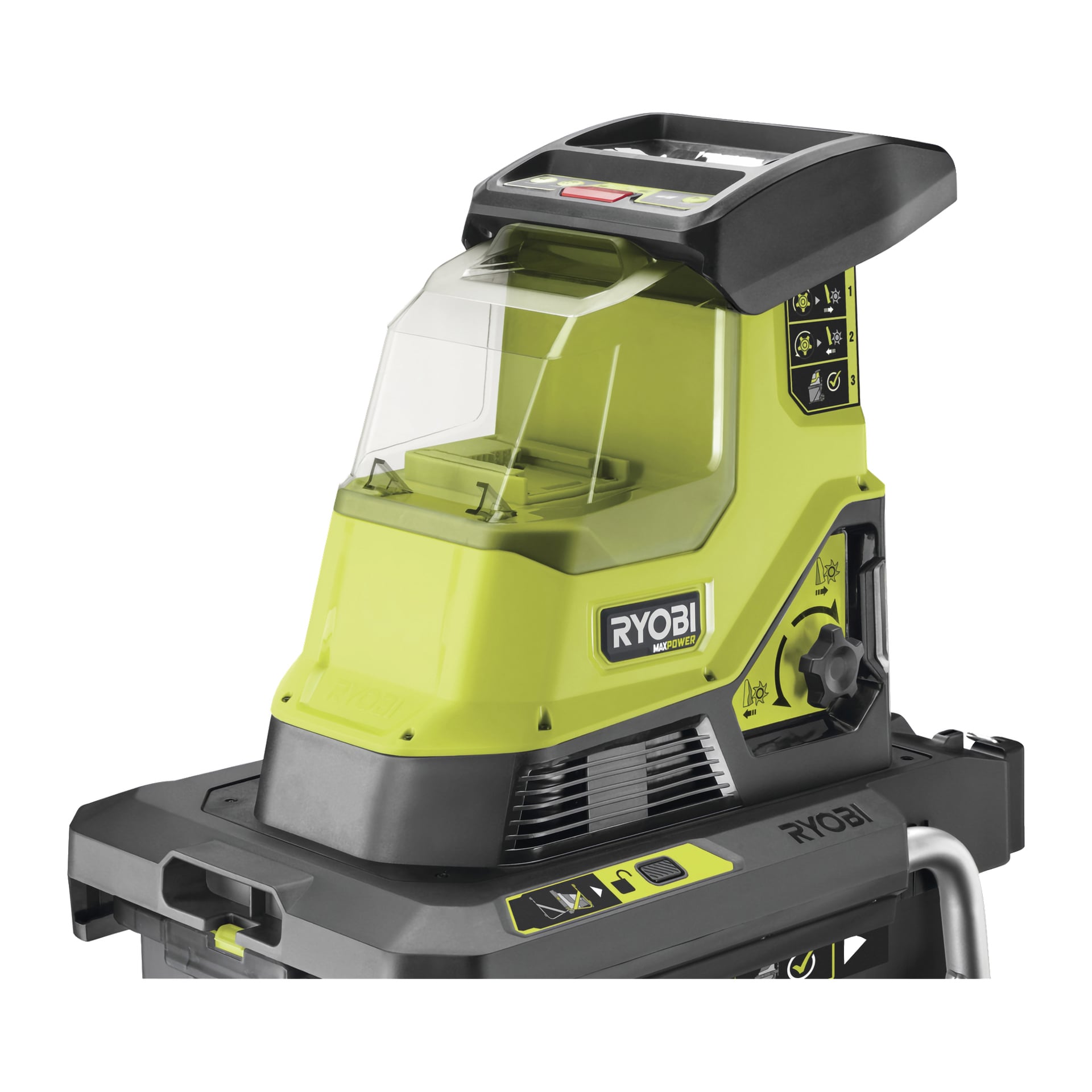 Närbild av en Ryobi Max Power kompoststrimler (modell RY36SHX40-0), som visar dess gröna och svarta färgschema, genomskinliga plastskydd och en rad kontrollpaneler och markeringar längs sidan.