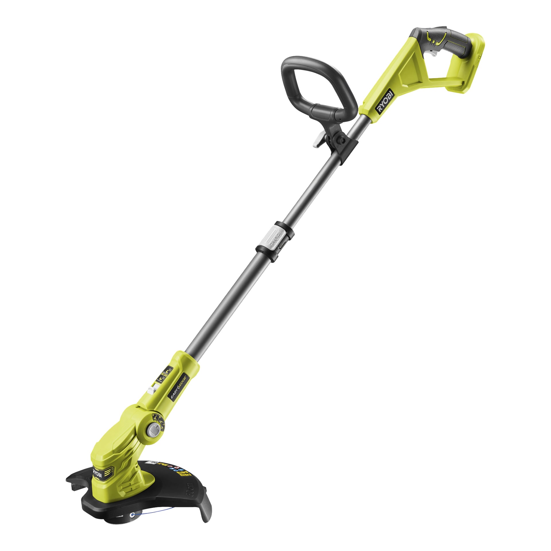 Bateriowy trymer Ryobi One+ OLT1832A jest prezentowany z srebrnym trzonkiem, regulowaną rączką i głowicą do koszenia, opisywany jako idealny do pielęgnacji trawnika i ogrodu na zewnątrz.