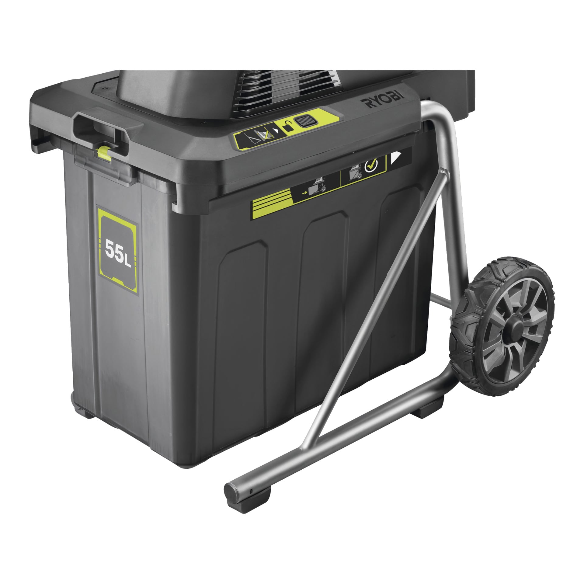 Ryobi Max Power batteridrivna kompostförstörare RY36SHX40-0 visas i detalj och framhäver sin svarta 55-liters behållare med gångjärnsförsedd lock och stadiga metallram. Stora plasthjul är fästa för enkel rörelse och stabilitet.