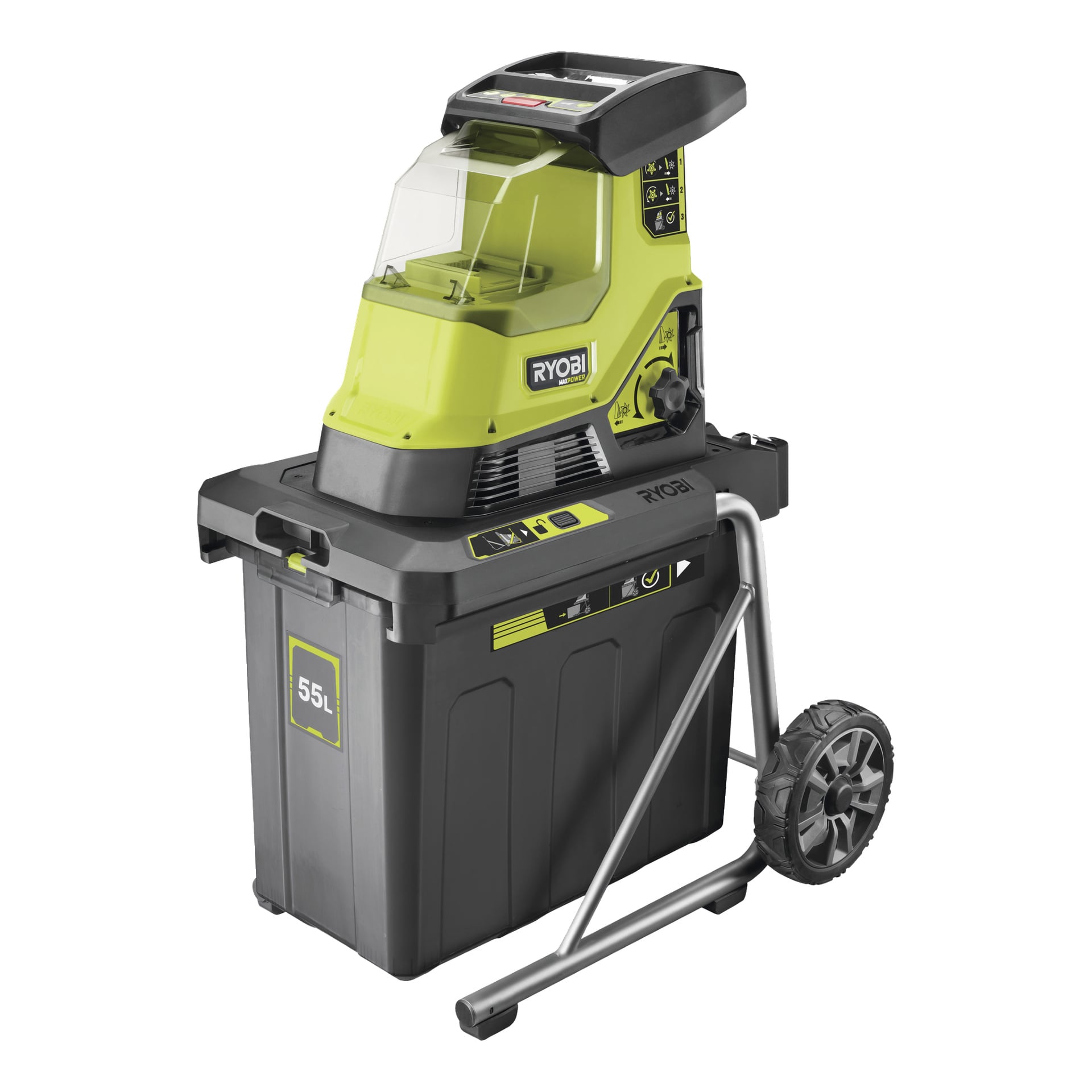 En grön och svart Ryobi Max Power batteridriven kompostförstörare, modell RY36SHX40-0, med en 55-liters insamlingslåda, transparent plastbehållare, hjul för portabilitet och kontrollbrytare placerade ovanpå.
