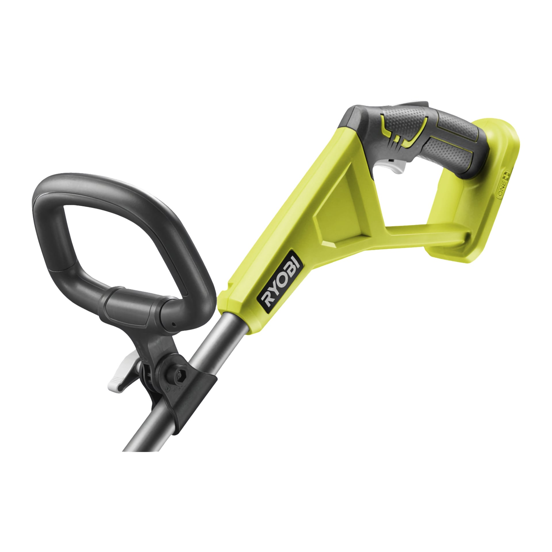 Zbliżenie na uchwyt i uchwyt baterii Ryobi One+ model OLT1832A. Na zdjęciu widnieje cytat Ryobi na nazwie marki, wraz z czarną pomocniczą rękojeścią, spustem i główną rączką w zielono-czarnym ergonomicznym wzorze.